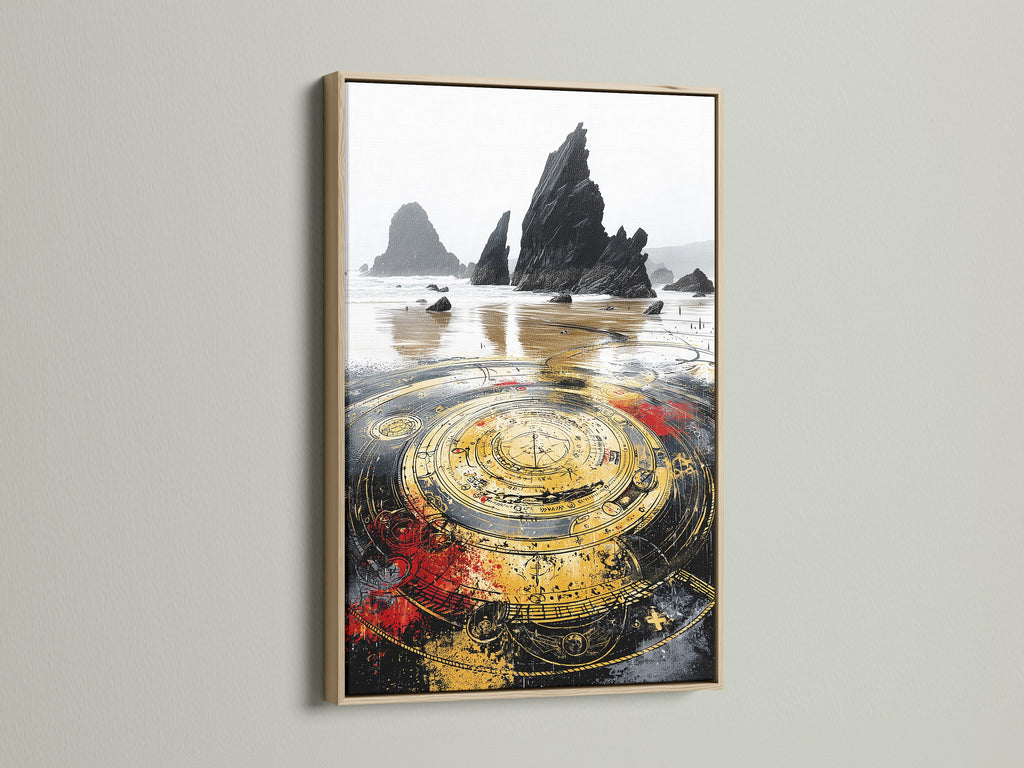 Discover the charm of mystical compass art with an oak frame. This coastal landscape artwork brings a nautical touch to any room. Perfect for homeowners and interior designers alike.