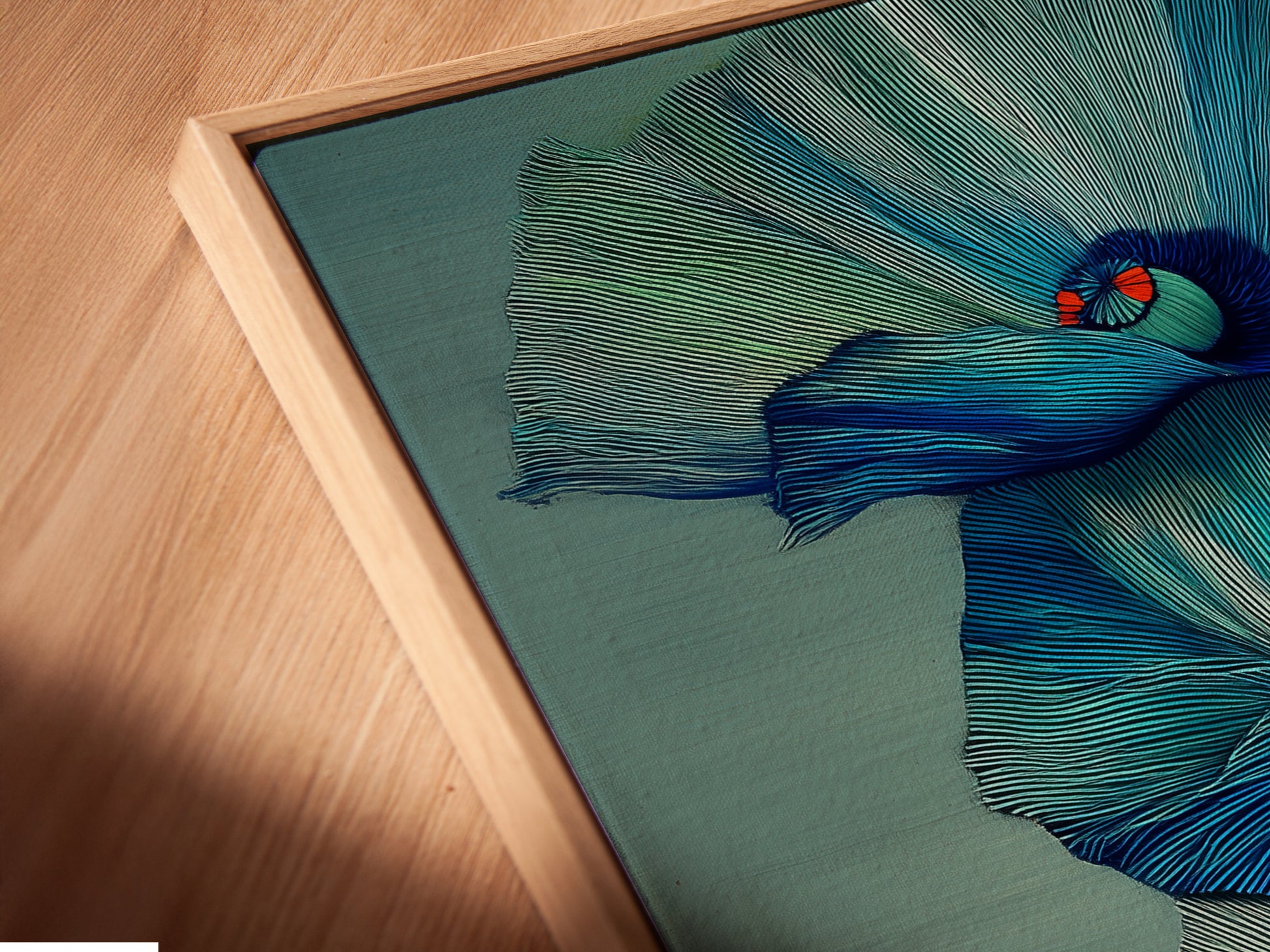 A close-up reveals the exquisite detail of a canvas print in a floating frame. This modern botanical wall art features a blue floral. The floating frame enhances the artwork's contemporary style. Perfect for adding sophistication to your decor