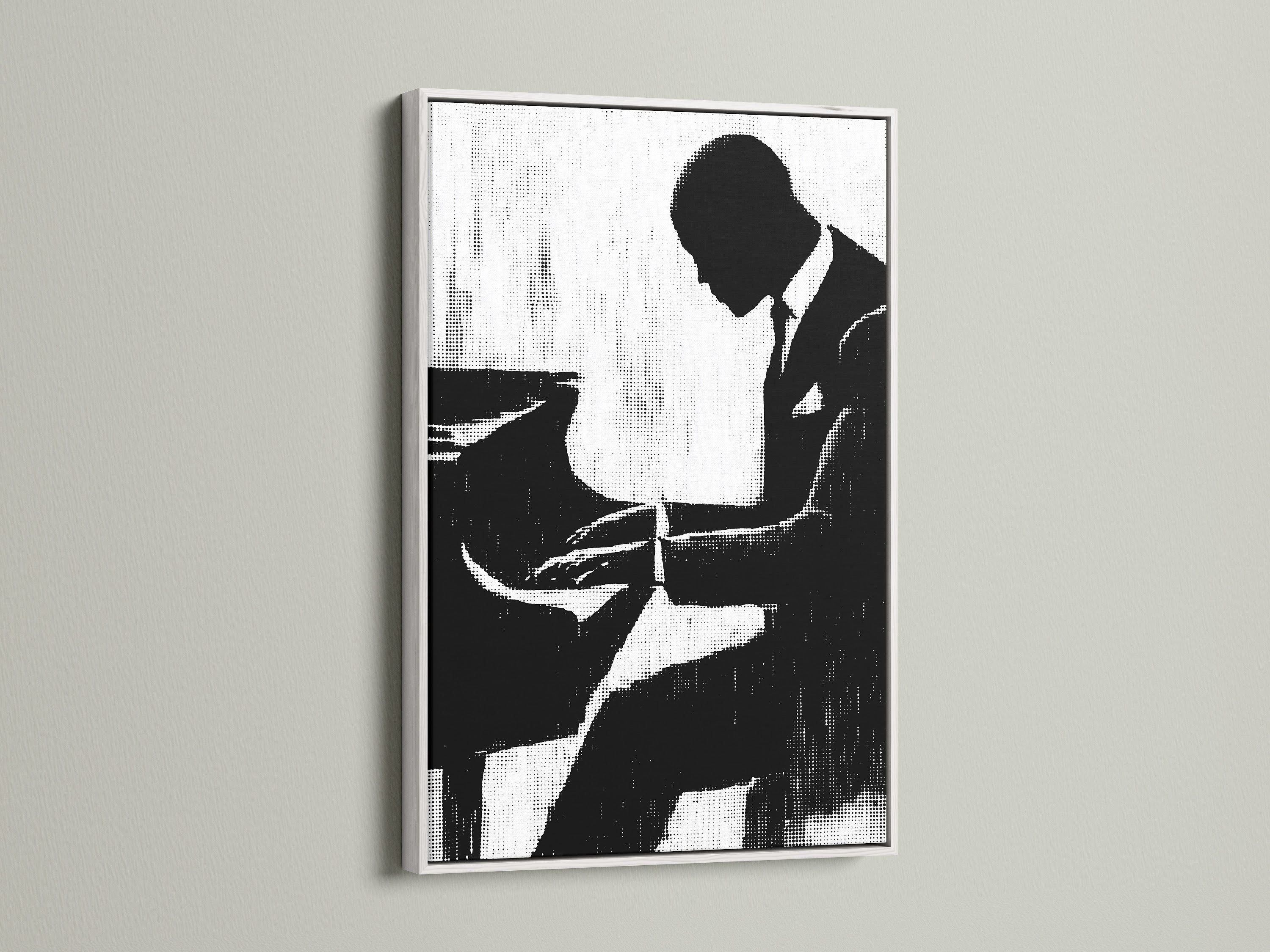 A musician silhouette art print is presented in a white frame. The black and white print offers vintage music art for any room. Consider this silhouette art for your office wall. It's a great musician poster.
