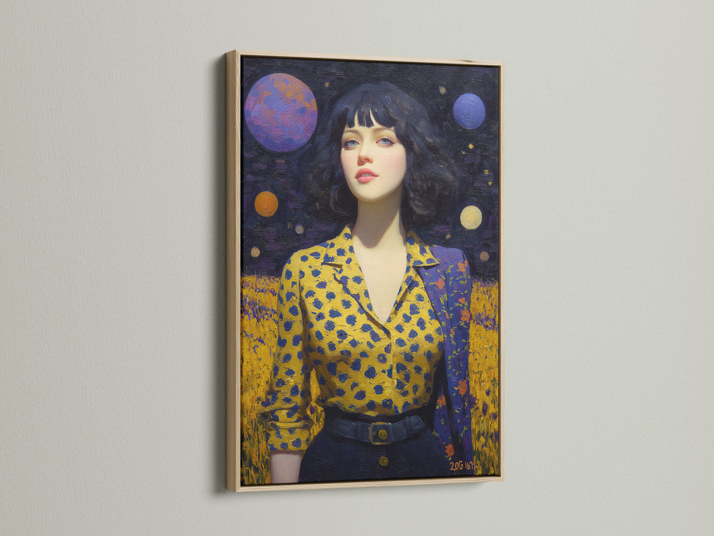 Cosmic Woman Portrait artwork in an oak frame. This surreal galaxy canvas print enhances a room's aesthetic. Celestial wall art adds a modern touch to bedroom decor. The dreamy space art creates a unique atmosphere. Perfect for homeowners and interior designers.