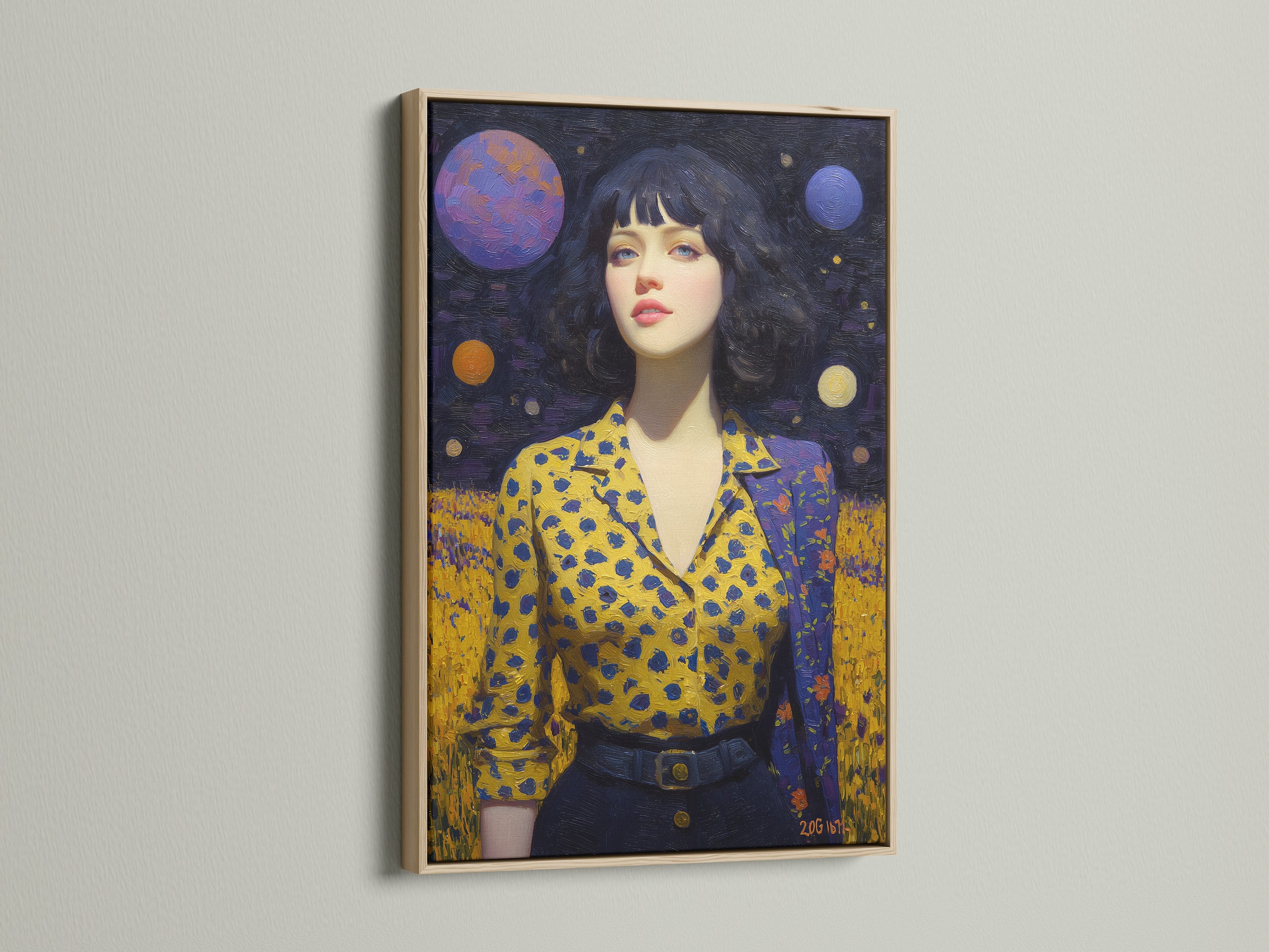 Cosmic Woman Portrait artwork in an oak frame. This surreal galaxy canvas print enhances a room's aesthetic. Celestial wall art adds a modern touch to bedroom decor. The dreamy space art creates a unique atmosphere. Perfect for homeowners and interior designers.