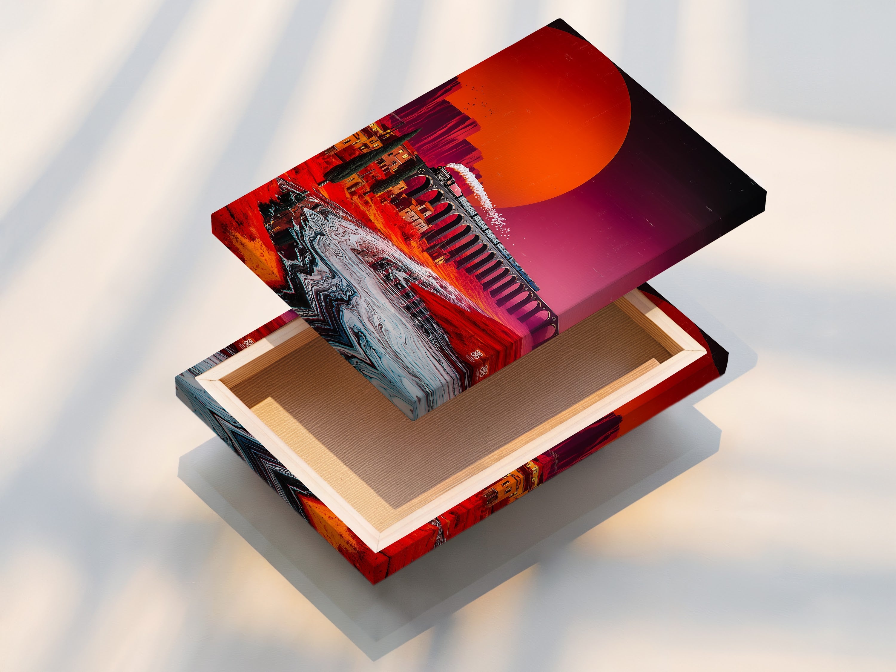 A stretched canvas print of the Train Over Bridge artwork. The Tuscany landscape canvas is ready to hang and admire. This stretched canvas print offers a gallery-worthy look. The sienna and teal wall art adds a modern touch.