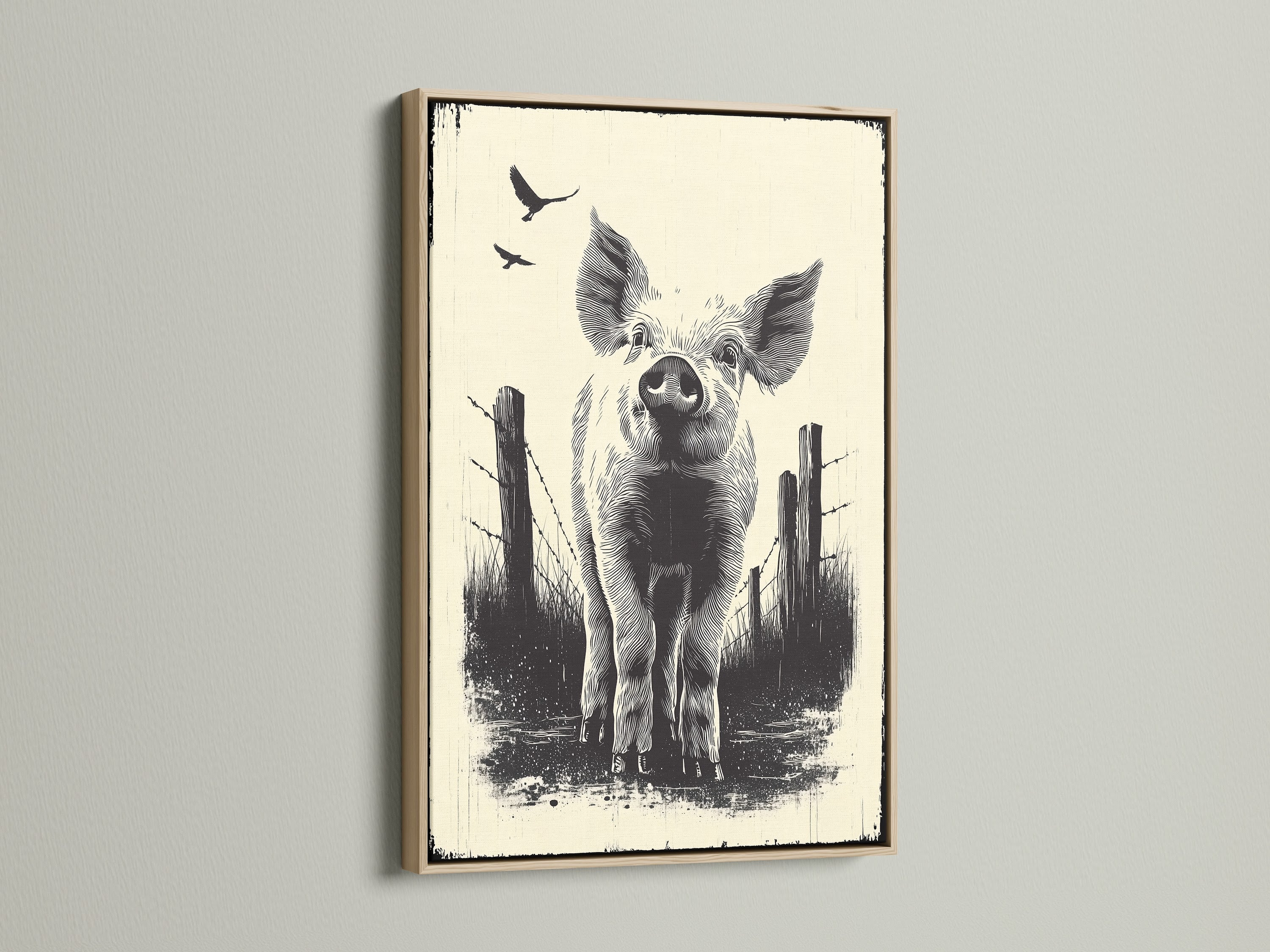 This oak frame enhances the pig wall art. The farm animal print brings a touch of country to your home decor. Discover more rustic kitchen art. The farmhouse artwork is ideal for piglet poster.