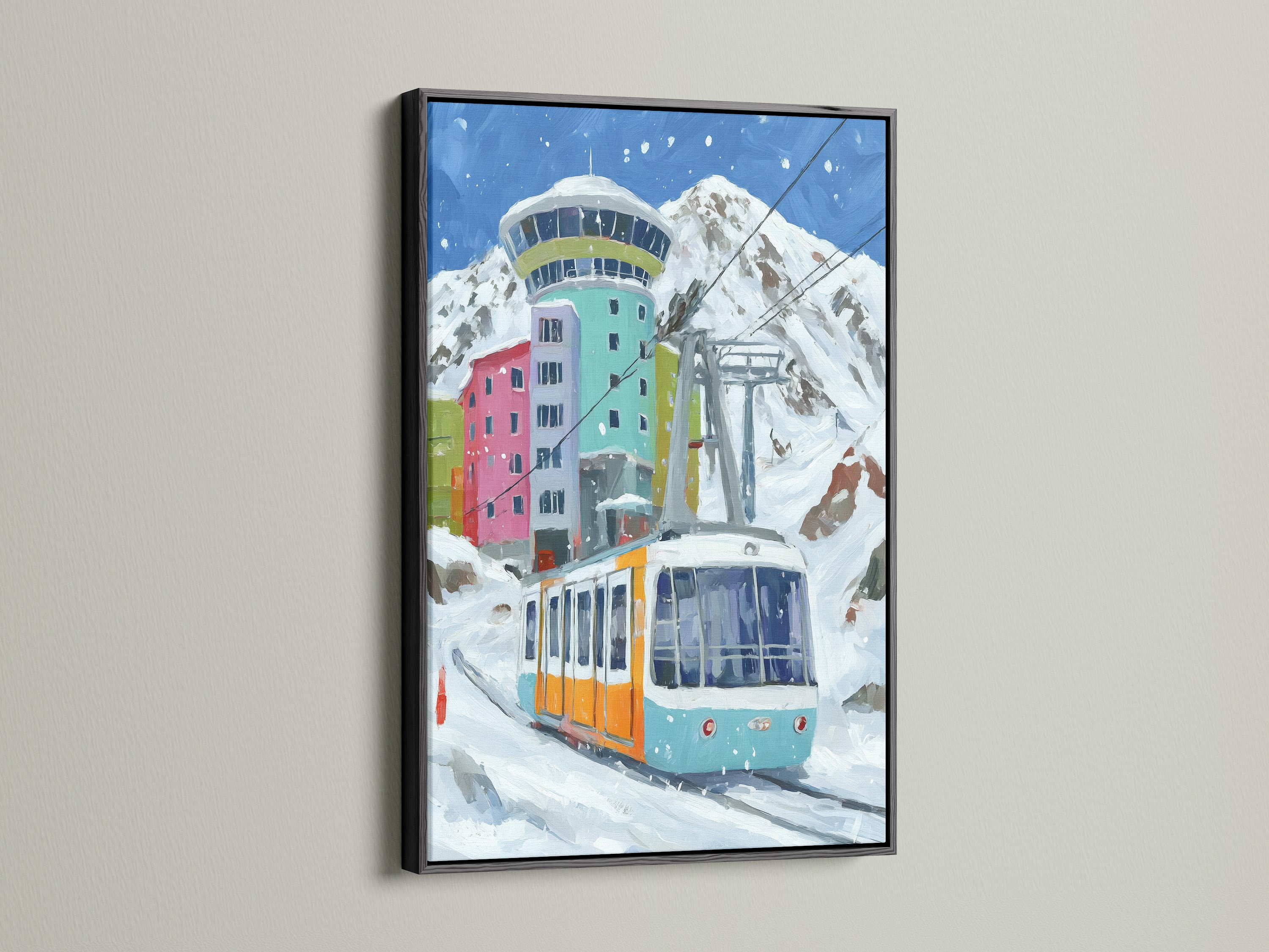The alpine cable car artwork is showcased in a sleek black frame. The black frame enhances the colorful details of this mountain village art. This vintage ski resort poster adds a modern touch to cabin wall decor.
