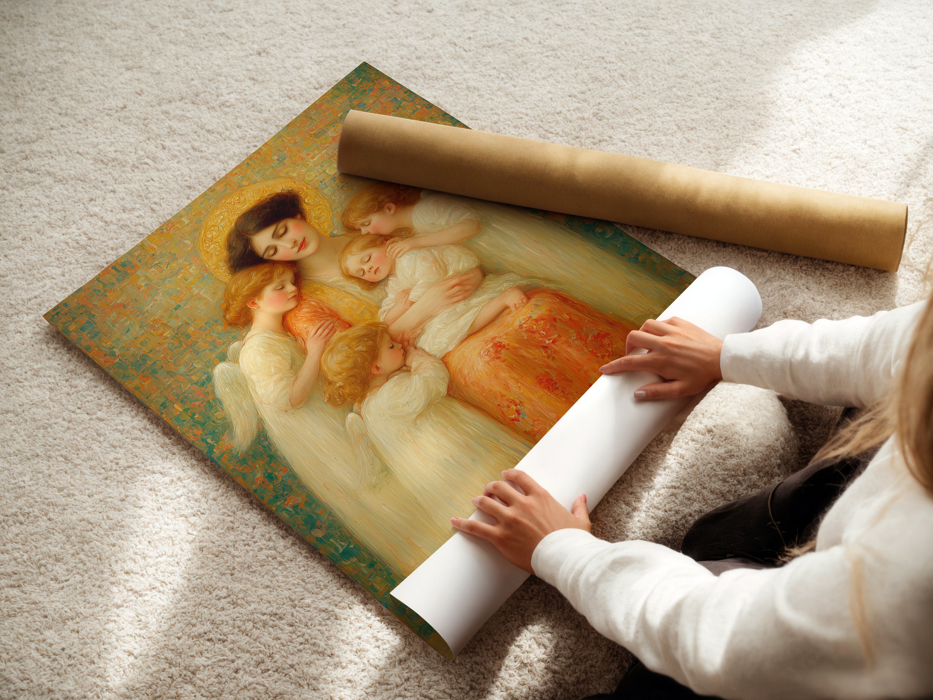 A woman is carefully rolling a fine art poster paper. This paper will showcase Madonna & Child Renaissance Angel Wall Art. This option is great for vintage religious prints. Perfect for custom nursery bedroom decor. A unique angel artwork choice.
