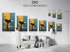 Size comparison chart in an interior setting. See how the Whale Tail artwork fits in various spaces. The canvas print adds a coastal touch. Plan your wall art display with our size guide. Find the perfect fit for your marine canvas.