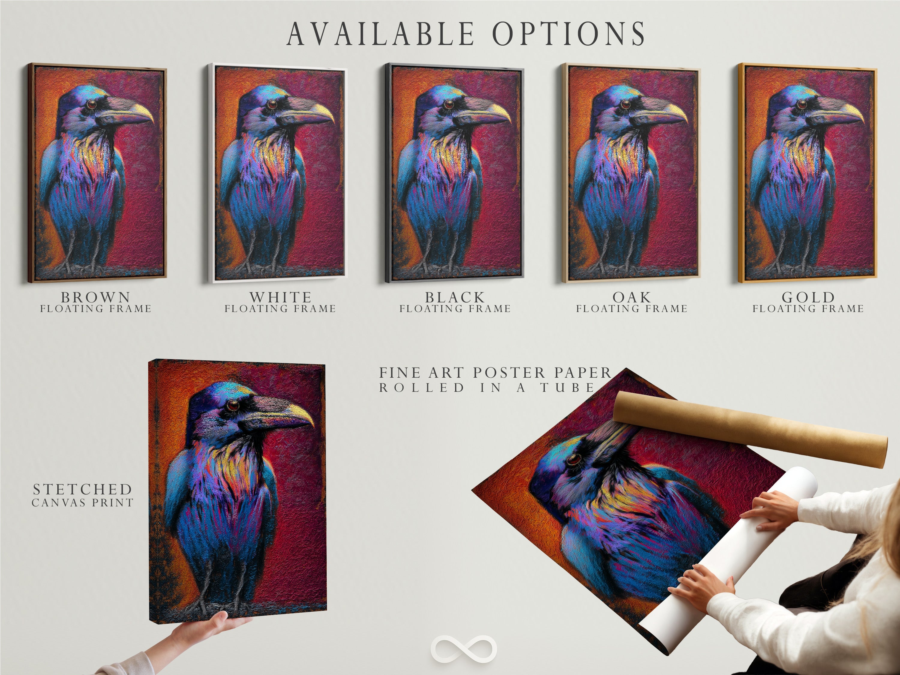 This image displays available options. Stretched canvas print is available. Fine art poster paper is also available. A floating frame is a unique option. Choose the perfect medium to showcase artwork. Each option offers a unique aesthetic.
