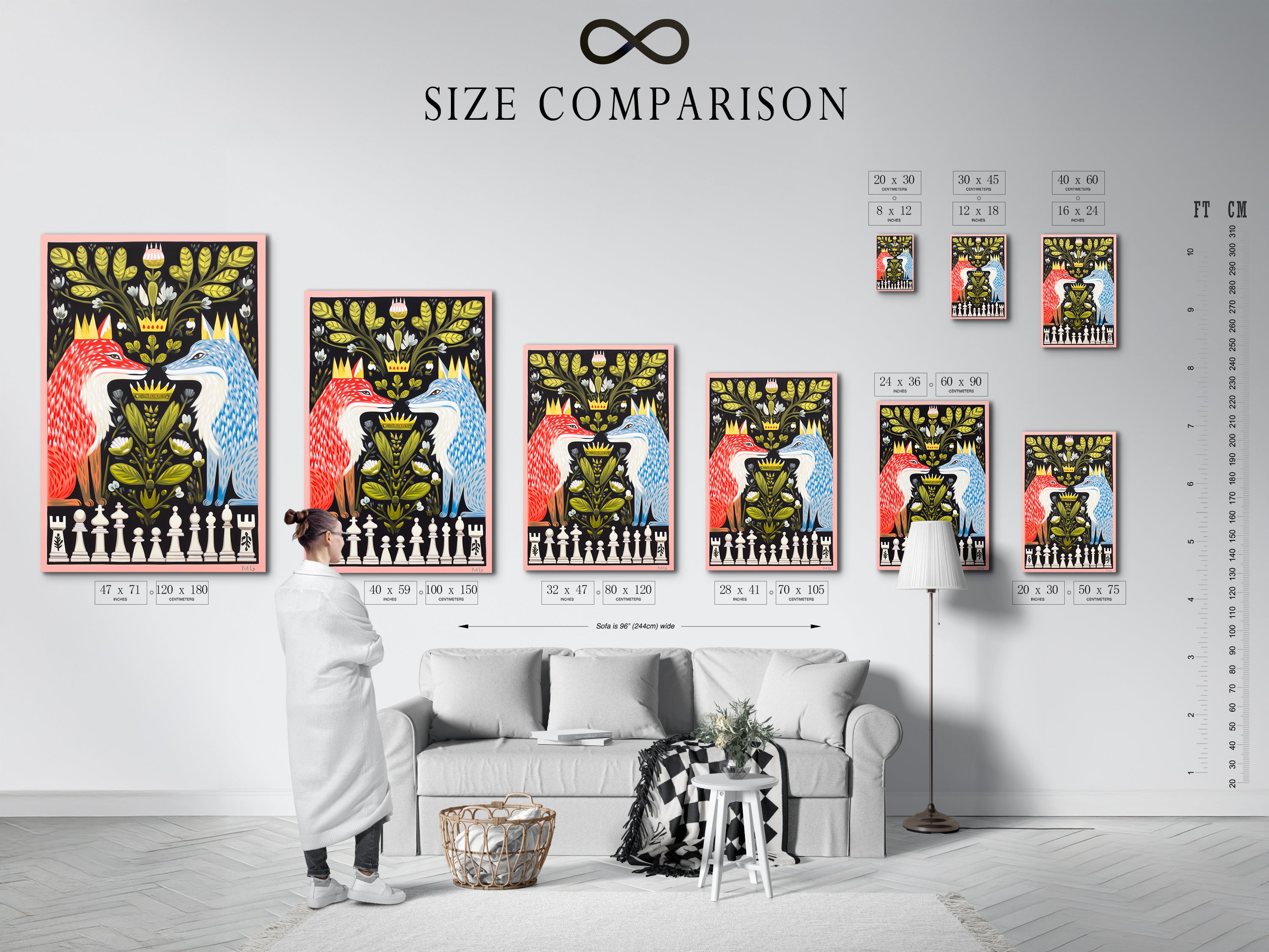 A size comparison chart is displayed in an interior setting. The Fox Chess artwork is shown in various sizes. This helps visualize the perfect fit for your space. Choose the ideal size for your game room. See how the animal wall art enhances the decor. Find your perfect piece.