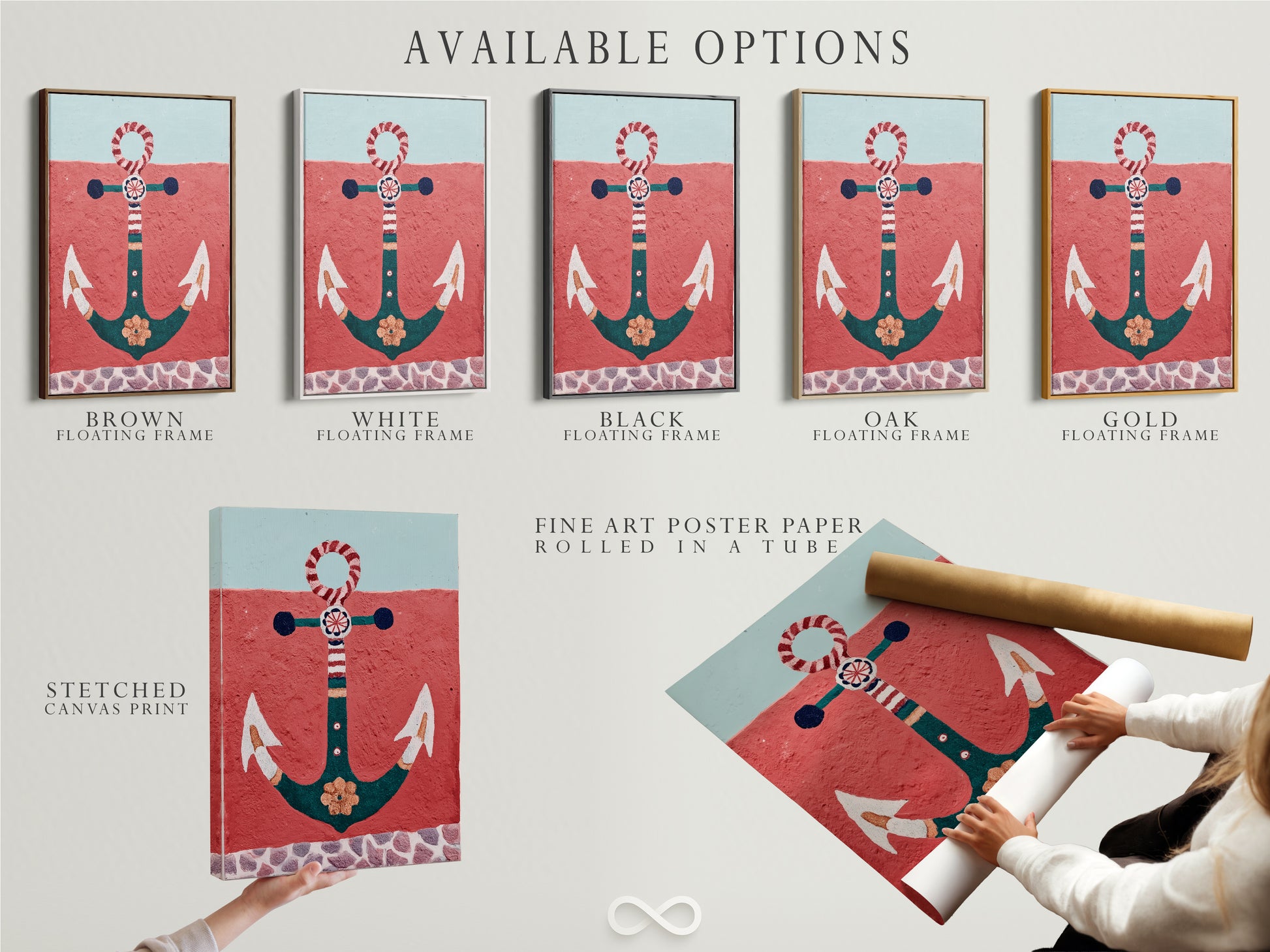 Available options include stretched canvas print fine art poster paper and floating frame. The anchor artwork features red and teal hues. This nautical wall art is perfect for coastal decor. Find the perfect option for your vacation home. Enjoy seaside decor with this ocean canvas.