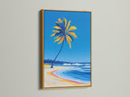 Palm Tree Beach artwork showcased in a gold frame. This tropical coastal canvas print brings a touch of elegance. The gold frame complements the ocean wave art. Perfect nautical artwork for a sophisticated decor. Enhance your beach house with this stylish piece.