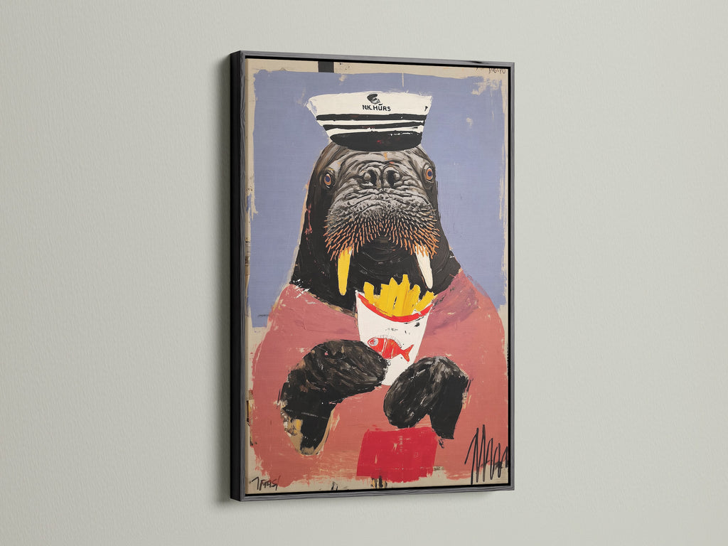 The animal captain artwork is presented in a black frame. This walrus art print offers a unique piece of coastal wall decor. The quirky wall art enhances any room's aesthetic. This humorous animal art makes a great addition to your collection.