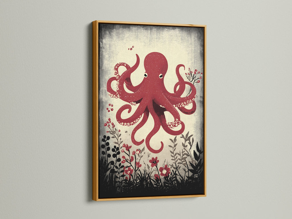 The red octopus artwork is elegantly presented in a gold frame. This adds a touch of luxury to your coastal decor. Perfect for adding a marine art print to your collection. Explore our nautical home decor.