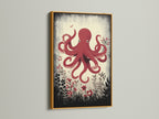 The red octopus artwork is elegantly presented in a gold frame. This adds a touch of luxury to your coastal decor. Perfect for adding a marine art print to your collection. Explore our nautical home decor.