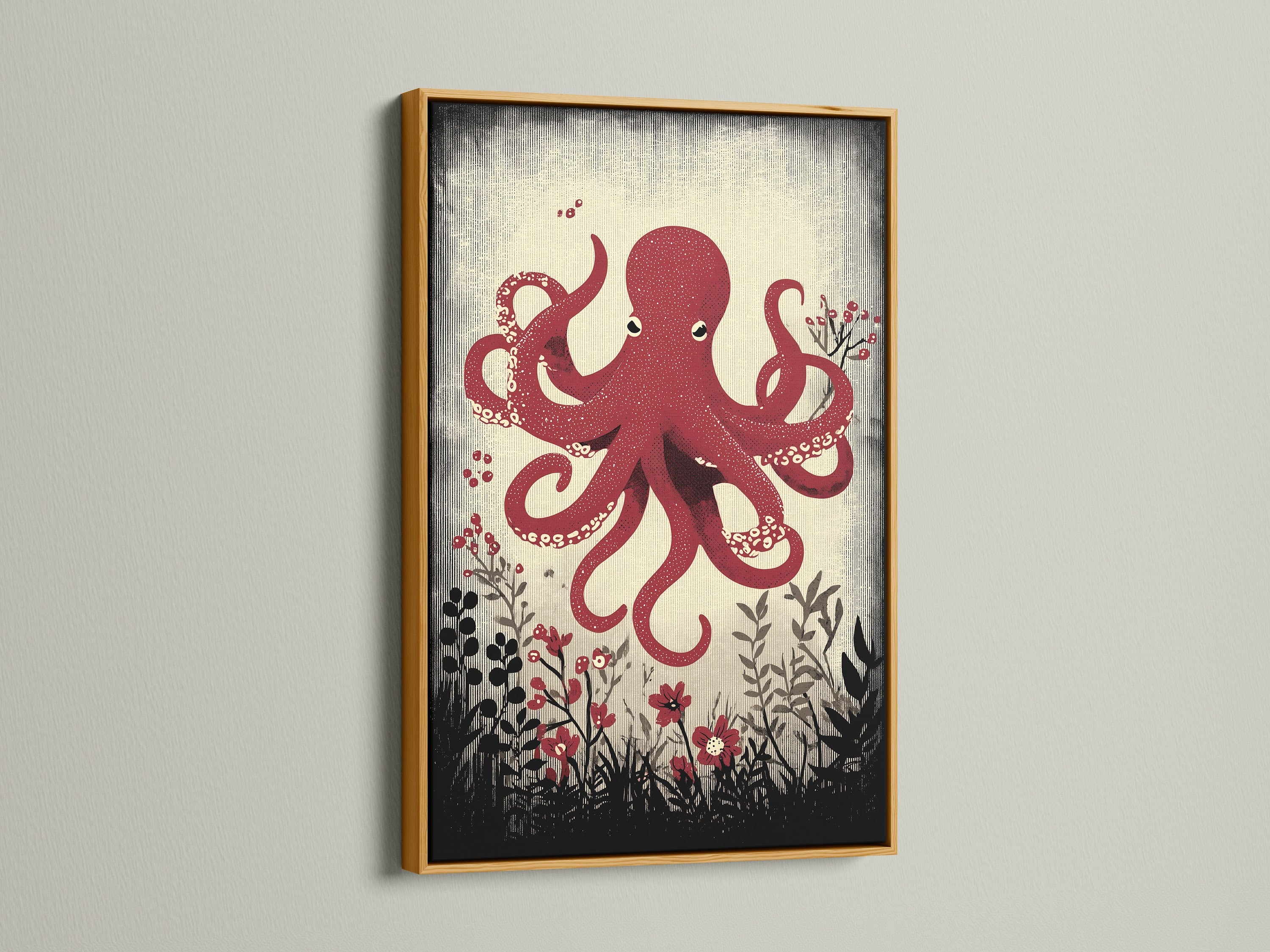 The red octopus artwork is elegantly presented in a gold frame. This adds a touch of luxury to your coastal decor. Perfect for adding a marine art print to your collection. Explore our nautical home decor.