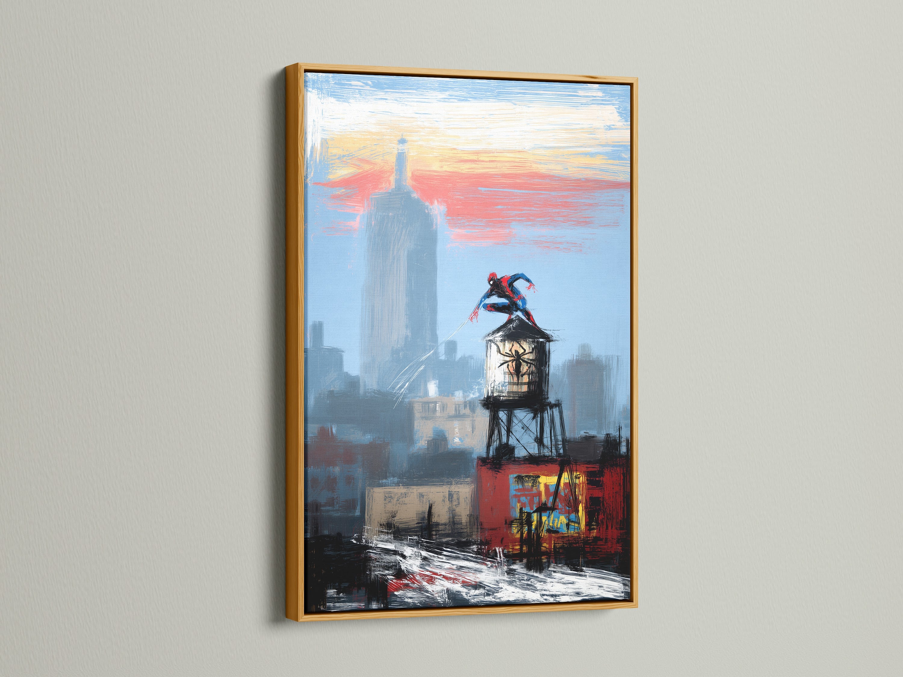 NYC Cityscape Canvas Print with a superhero is beautifully displayed in a gold frame. The metallic accent adds a touch of elegance to the urban artwork. Elevate your space with this stylish piece.
