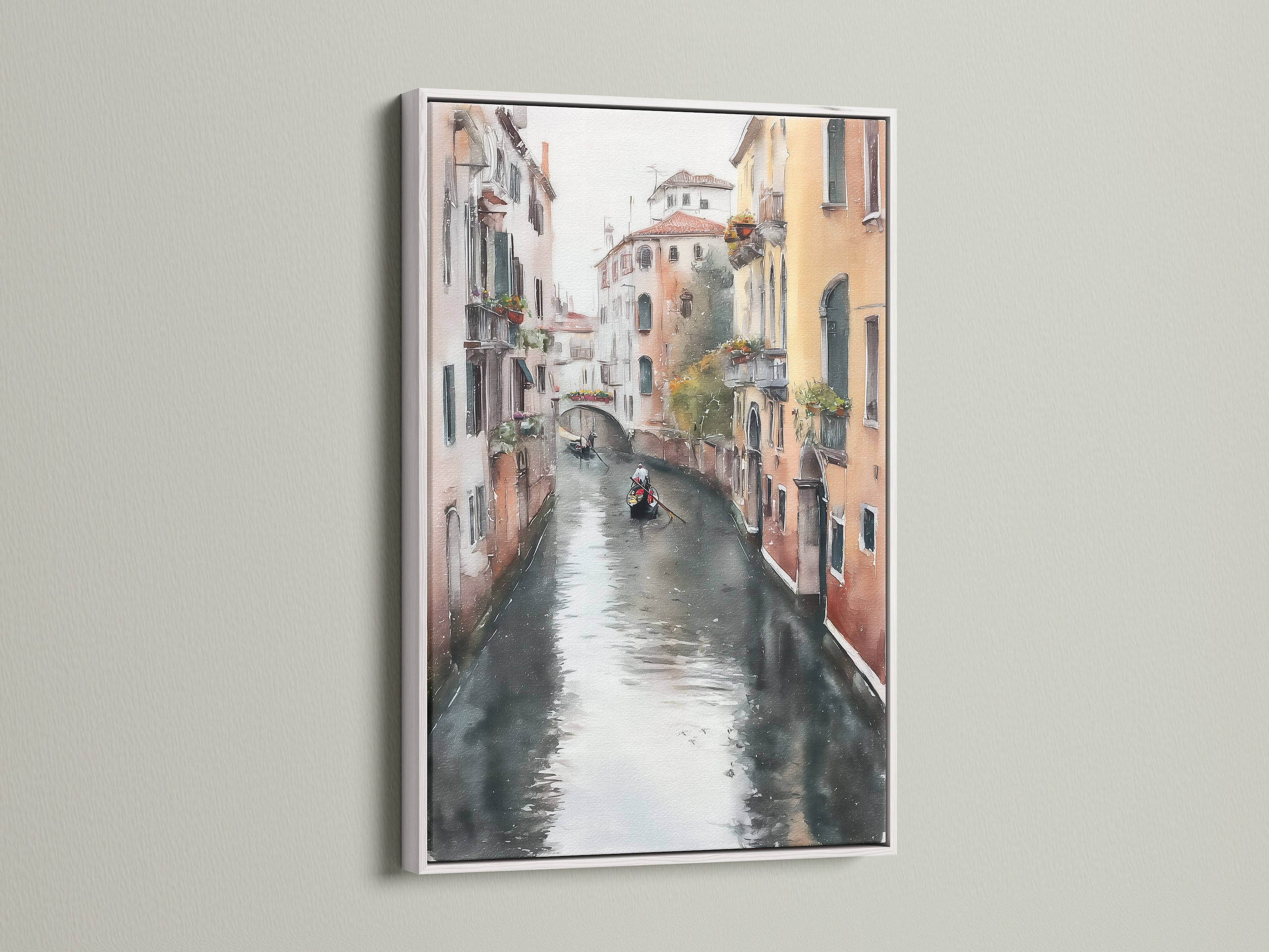 A white frame enhances this Venice Canal artwork. The watercolor print beautifully captures the European cityscape. It is ideal for creating an elegant atmosphere in living rooms and boutique hotels.