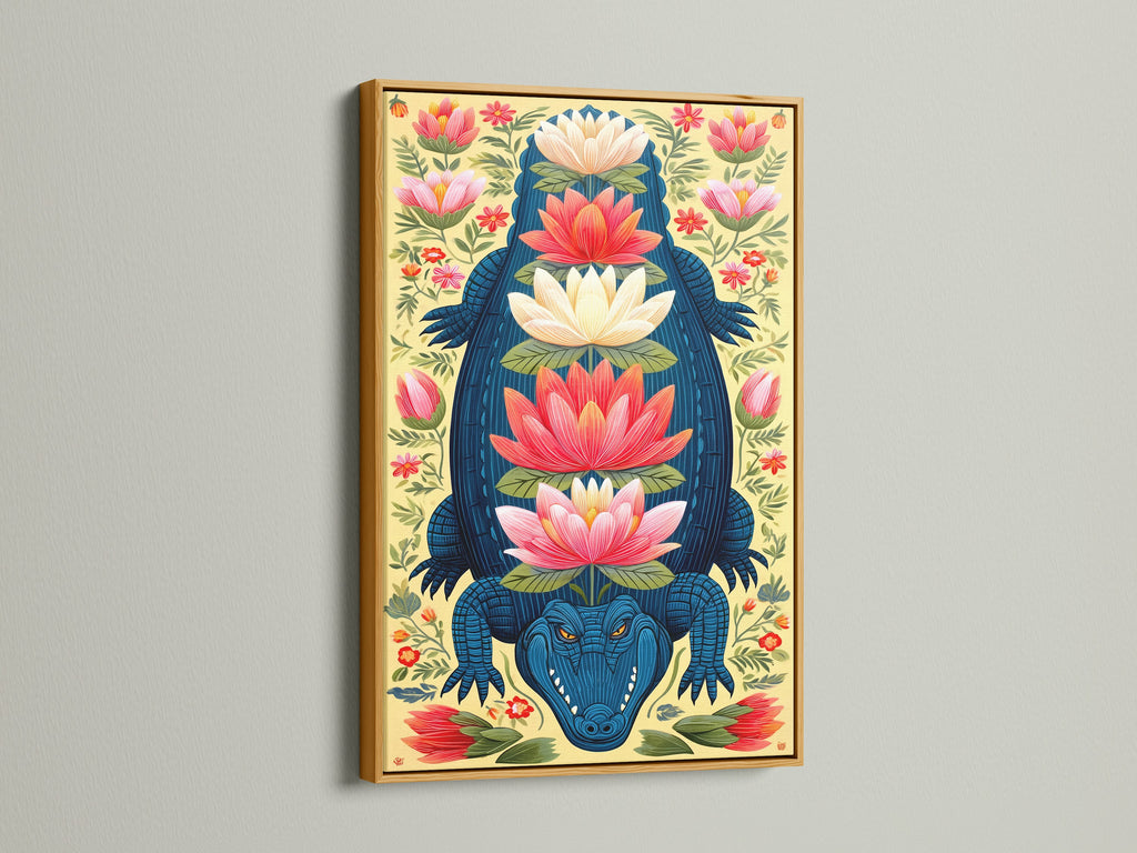 The Alligator Canvas Print is displayed in a gold frame. The botanical artwork features teal and coral hues providing a luxurious touch. This exotic artwork enhances living rooms bedrooms and studios. The gold frame adds a touch of sophistication to bohemian art.