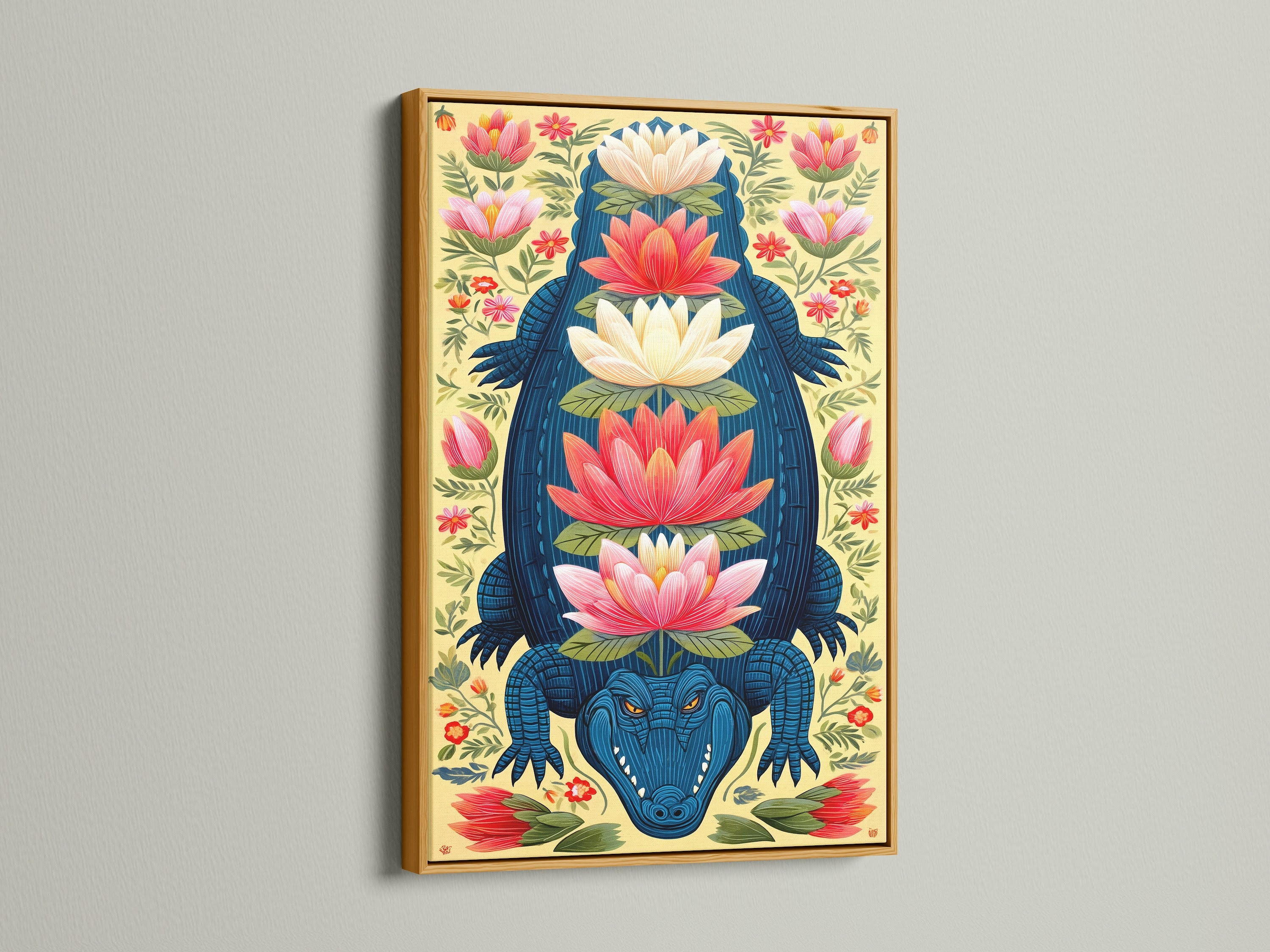 The Alligator Canvas Print is displayed in a gold frame. The botanical artwork features teal and coral hues providing a luxurious touch. This exotic artwork enhances living rooms bedrooms and studios. The gold frame adds a touch of sophistication to bohemian art.