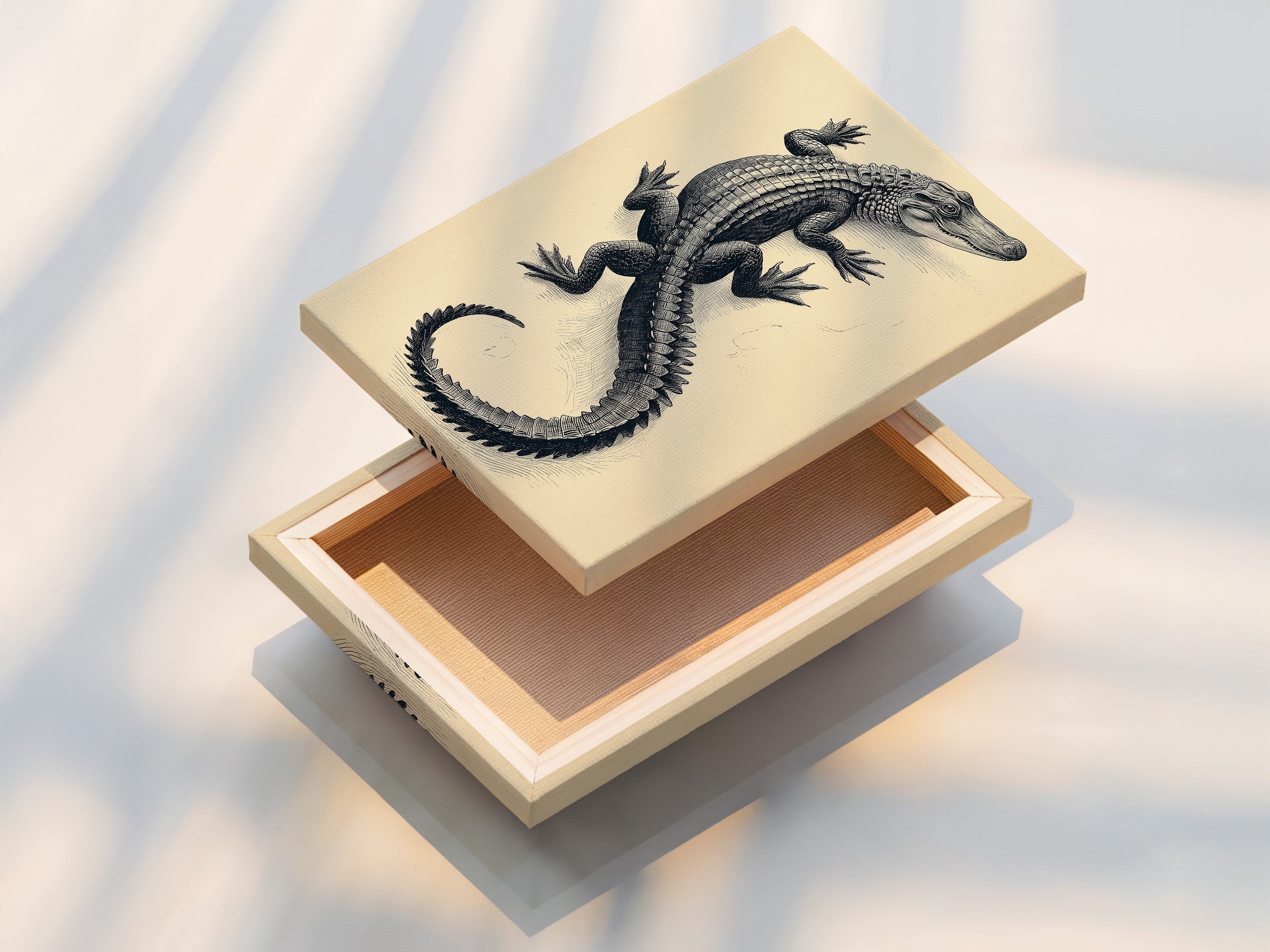 A beautifully stretched canvas print of the Vintage Alligator Art Print. This antique reptile wall art captures the essence of natural history. The stretched canvas enhances the artwork's detail. Perfect for adding a vintage touch to your study room or living space. This crocodile print is ready to hang and admire.