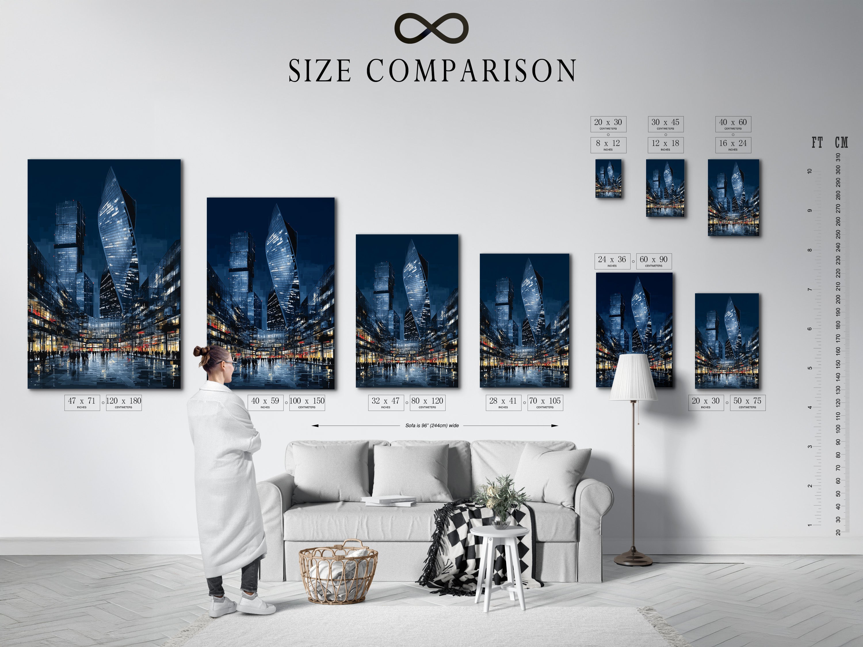 A size comparison chart shows the different dimensions of the artwork. Visualize how this city skyline art will fit in your space. Choose the perfect size for your urban wall decor. Options are available for various wall spaces. Consider the impact of the art.