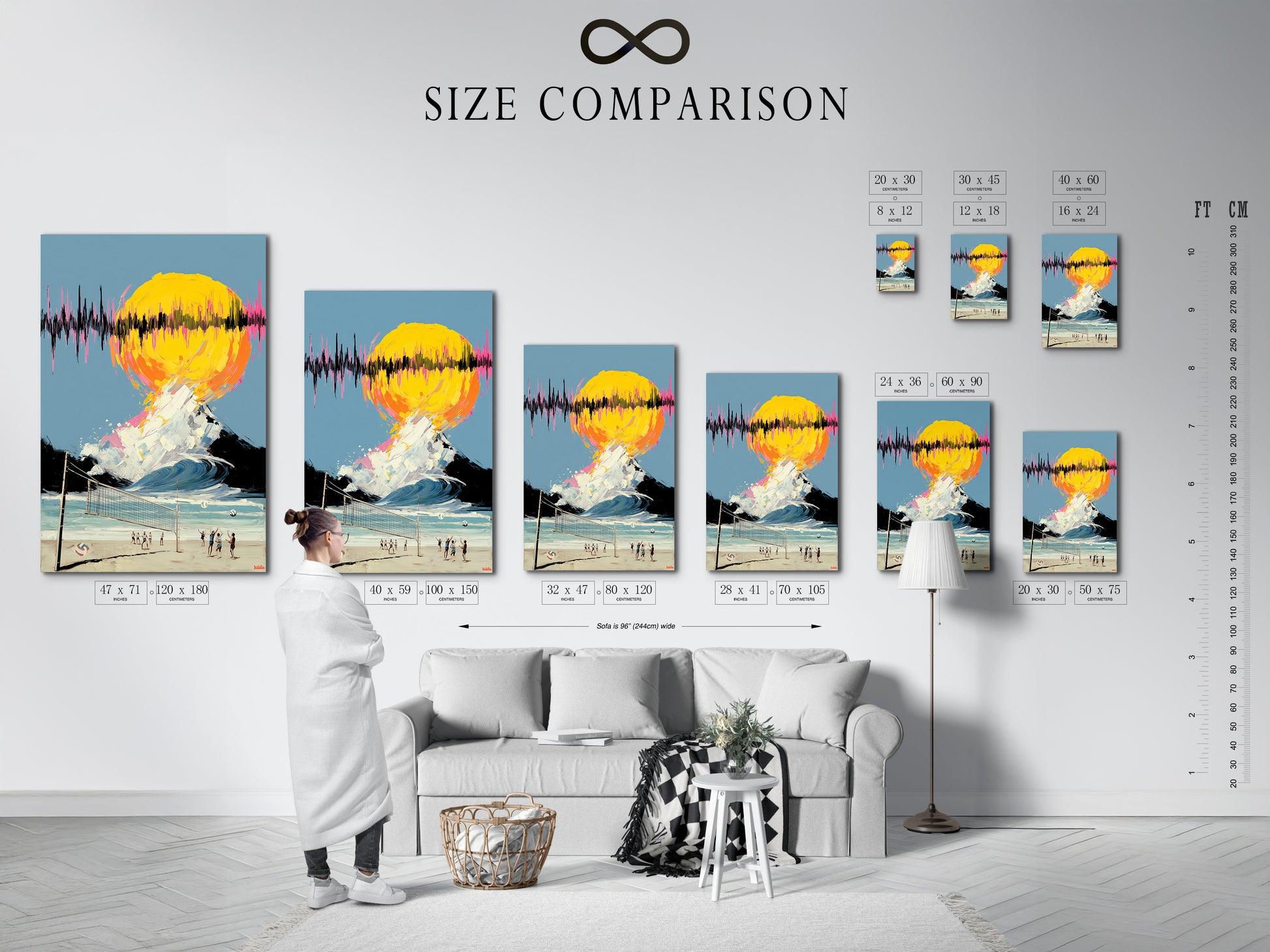 A size comparison chart in an interior setting shows various sizes. The Beach Volleyball artwork is available in multiple sizes. This allows you to choose the perfect fit for your space.