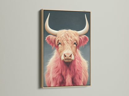 Pink Highland Cow art in an oak frame. The fluffy cattle art adds charm to any space. Perfect animal canvas art for farmhouse or Scandinavian decor. This Scottish cow decor is unique.