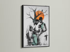 Modern abstract family art print showcased in a sleek black frame. The black frame enhances the teal and orange tones of the artwork. This family canvas print is perfect for any home decor. It complements modern Scandinavian and contemporary styles.