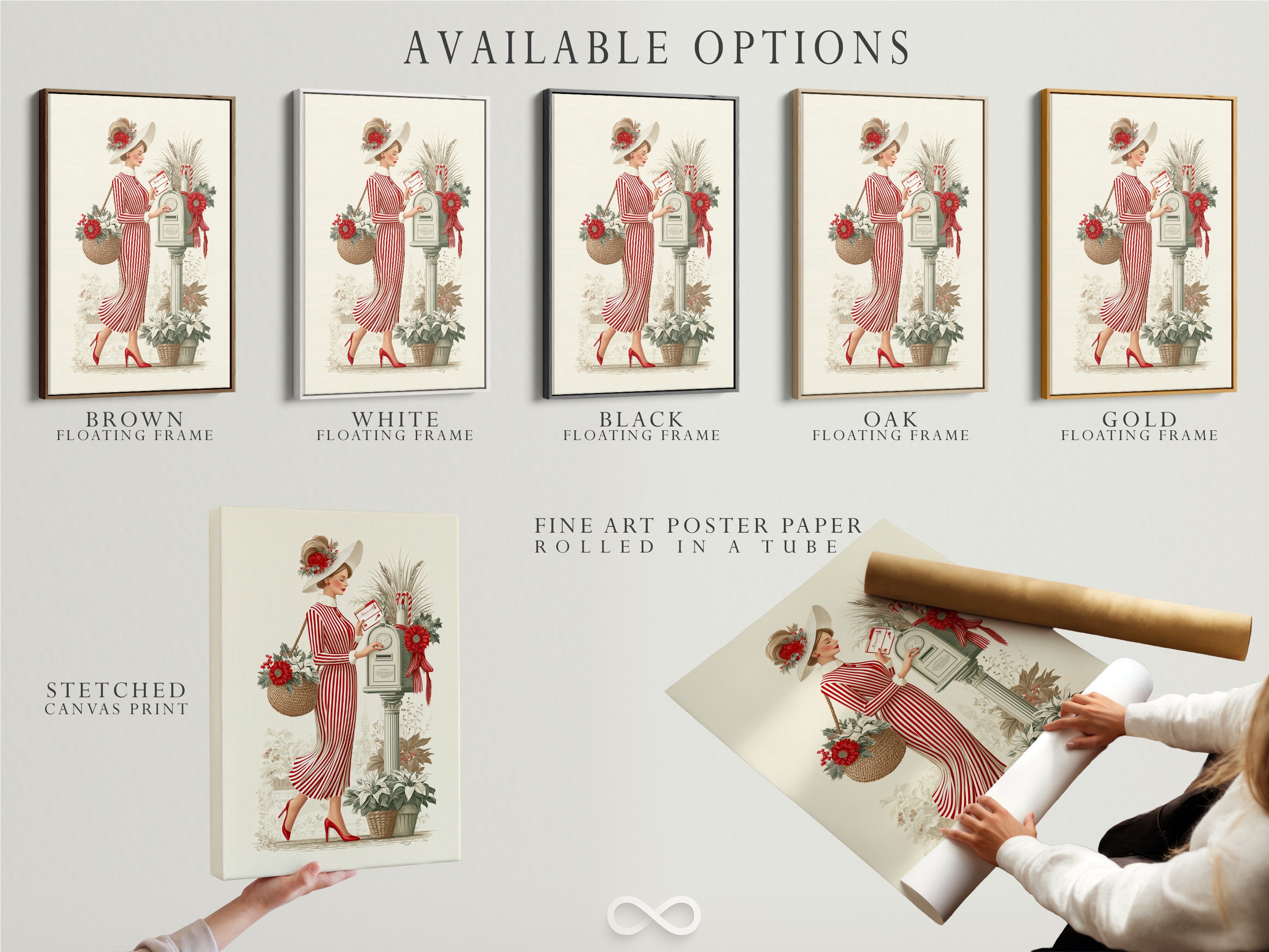 Explore available options including stretched canvas prints fine art poster paper and floating frames. The vintage lady art with the red striped dress offers versatile display choices. Customize your artwork to match your style and decor.