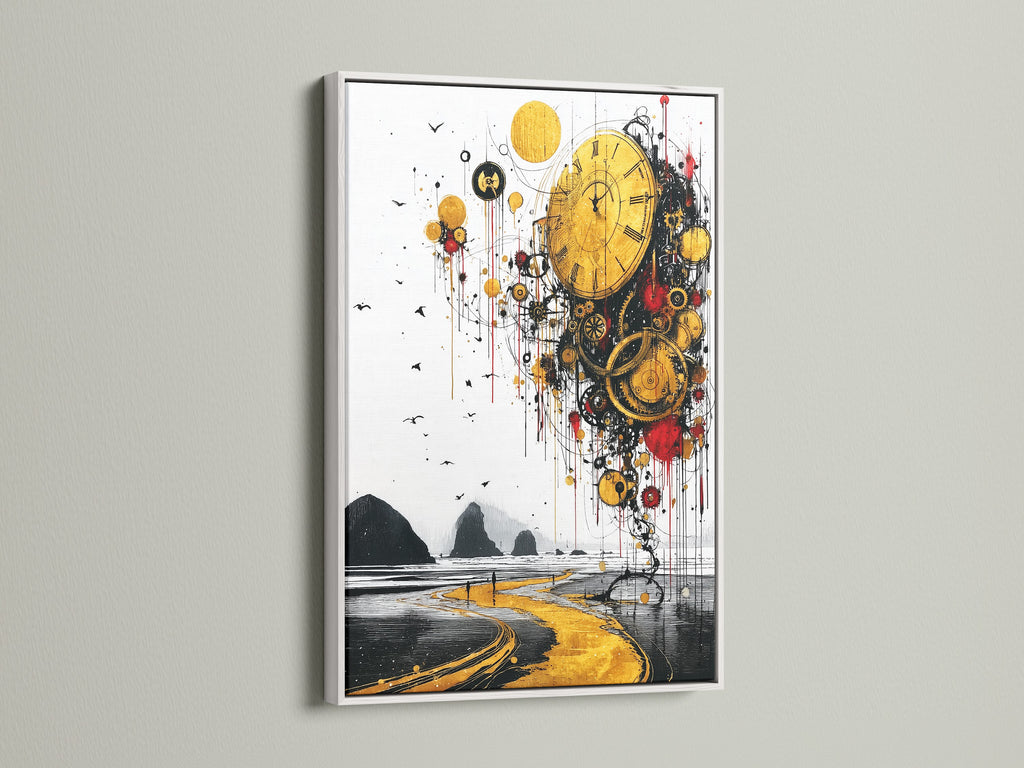 A clean white frame is featured. This frame provides a crisp border for surreal time artwork. Its neutral tone complements abstract clock art. A white frame enhances golden landscape artwork. Its a timeless choice for any fine art prints.