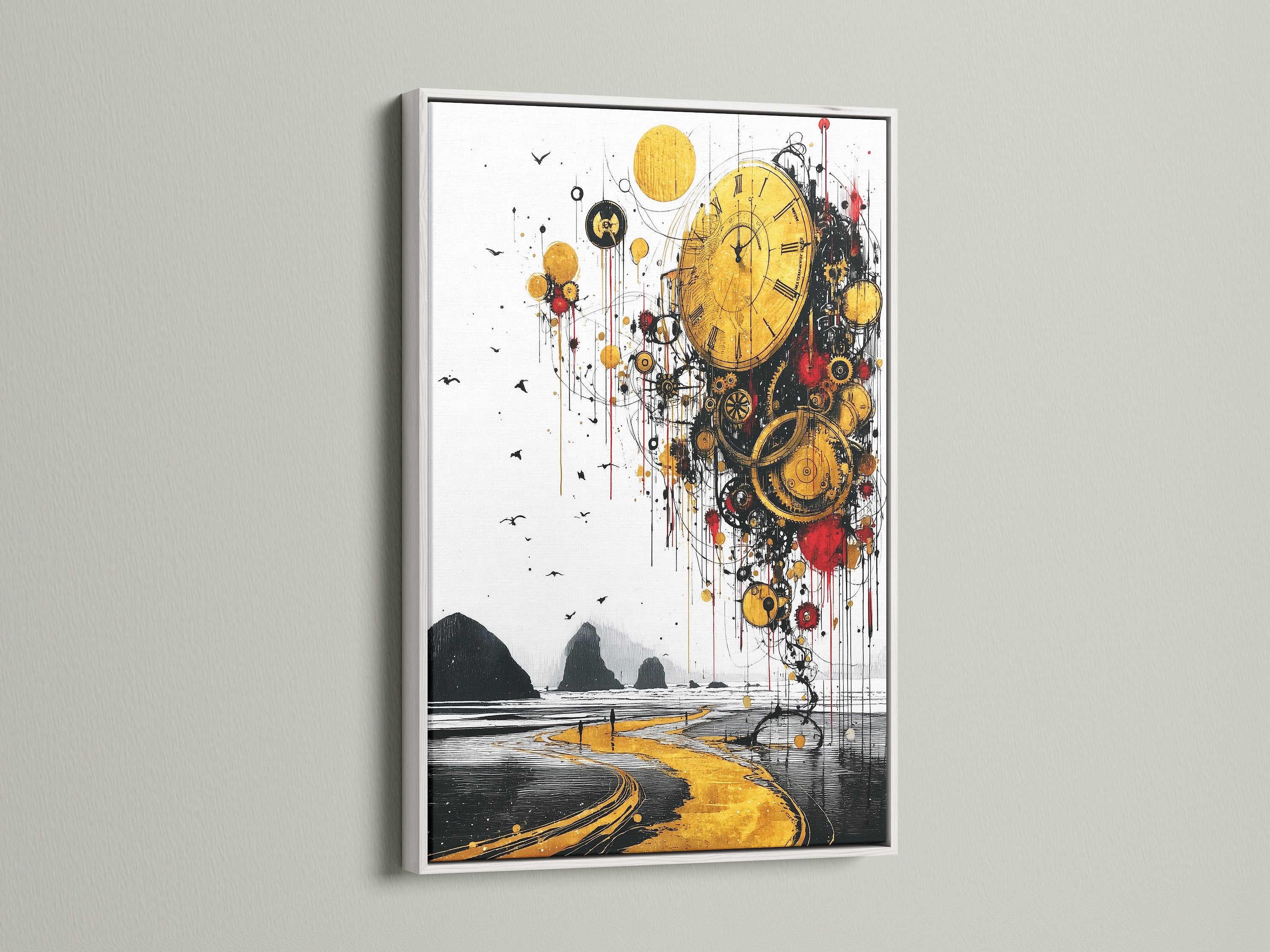 A clean white frame is featured. This frame provides a crisp border for surreal time artwork. Its neutral tone complements abstract clock art. A white frame enhances golden landscape artwork. Its a timeless choice for any fine art prints.