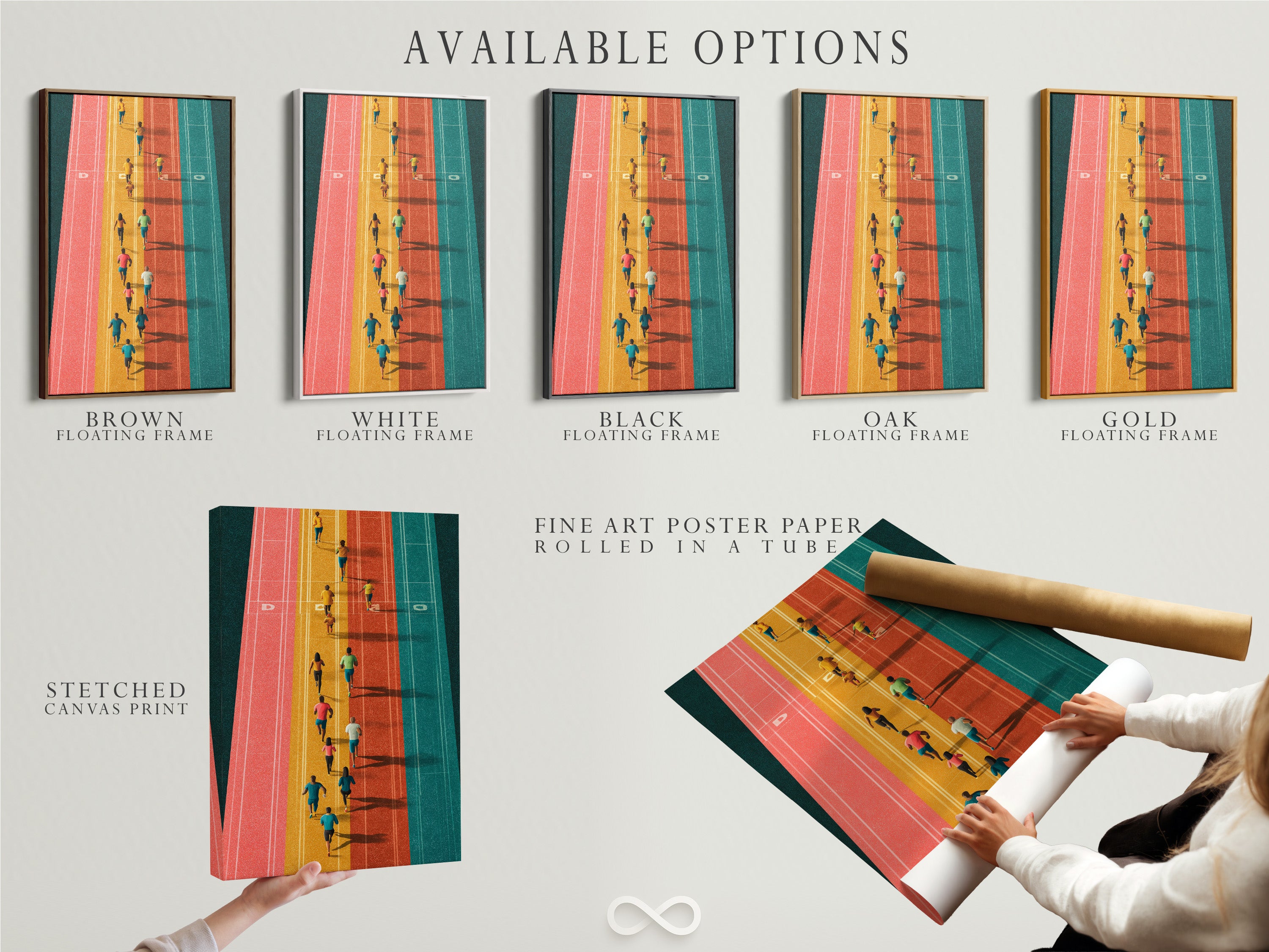 Available options for the running track artwork. Choose between a stretched canvas print fine art poster paper and floating frame. Elevate your home gym decor with this colorful aerial sports wall art.