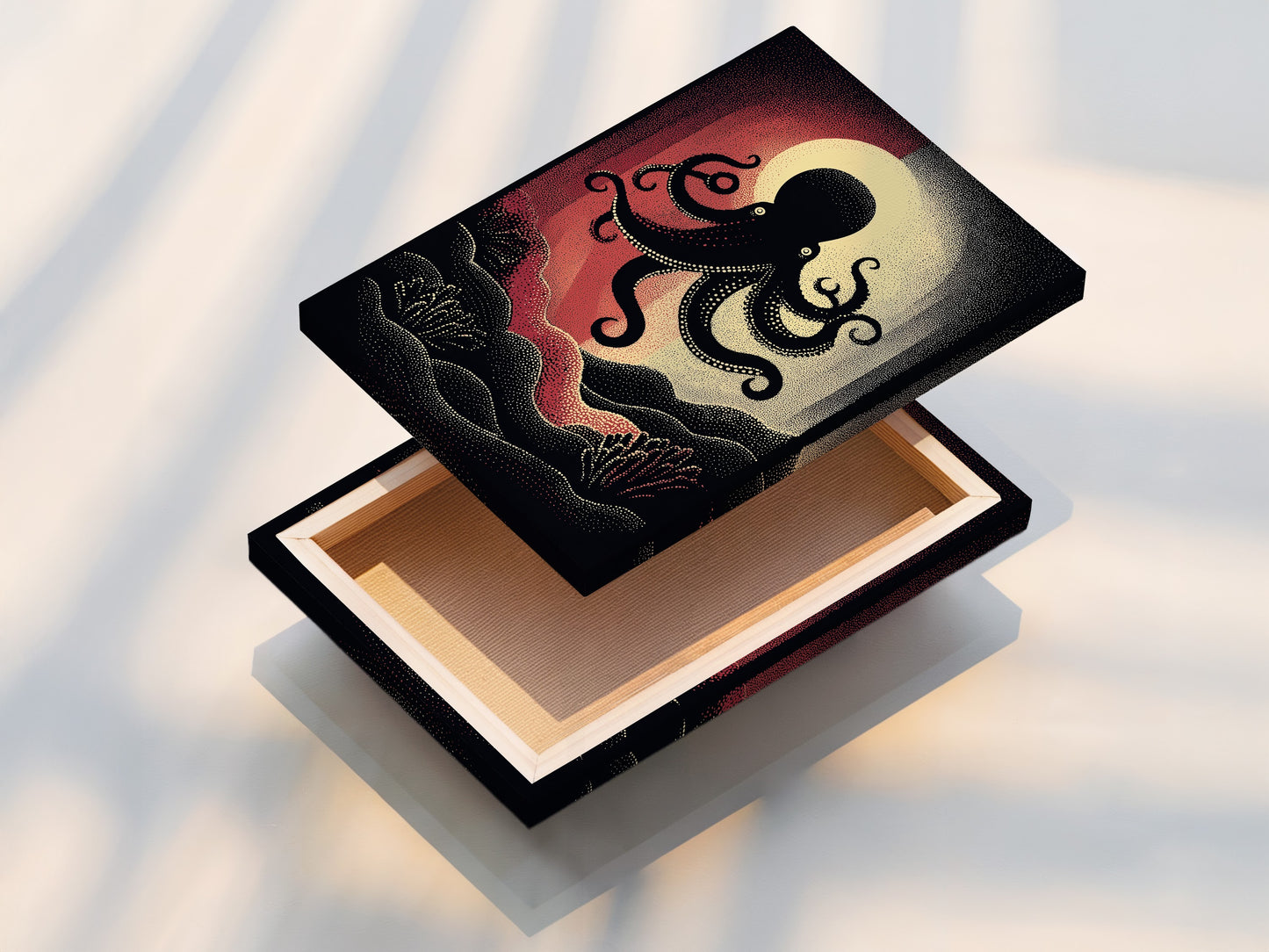 The stretched canvas print features an octopus artwork. This nautical wall art is ready to hang. The vintage sea creature artwork looks vibrant. Perfect for coastal home decor. Enhance your space with this ocean canvas art.