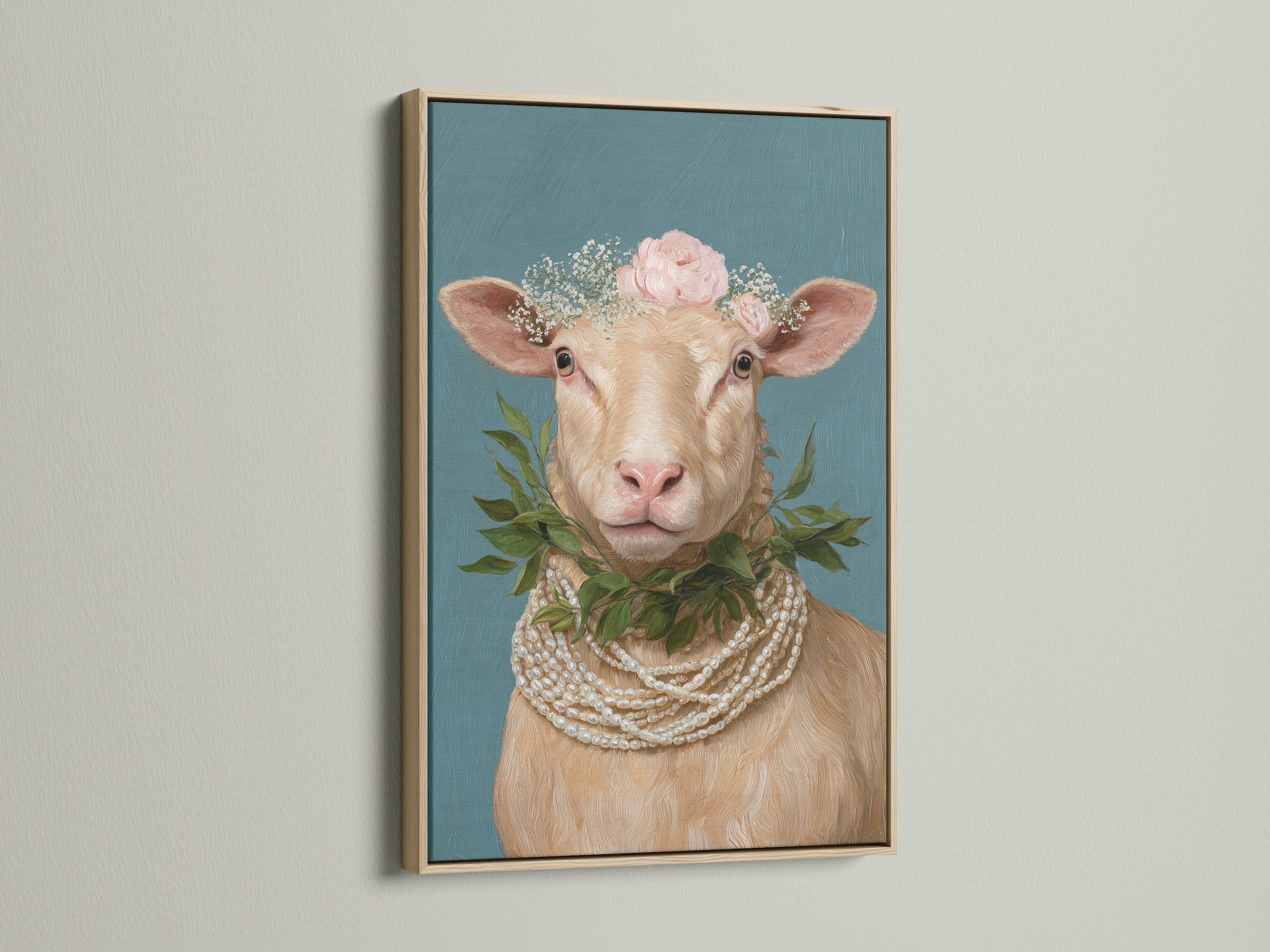 Framed whimsical sheep artwork with a floral crown and pearl necklace. This Country Wall Art is displayed in an oak frame. Perfect Farm Animal Print for Nursery Wall Decor. The oak frame enhances the vintage portrait's charm.
