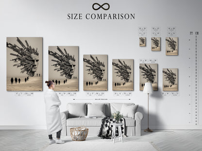 Size comparison chart of the artwork is displayed in an interior setting. The Surreal Architecture piece features abstract geometric art. It’s a modern monochrome poster. Visualize the perfect fit for your living room bedroom or office wall.