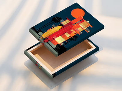 A stretched canvas print displays vibrant surfboard artwork. The coastal architecture poster is perfect for adding summer vibes. The retro beach house wall art enhances a 70s aesthetic. This California art brings a touch of the ocean. It is ideal for any space.