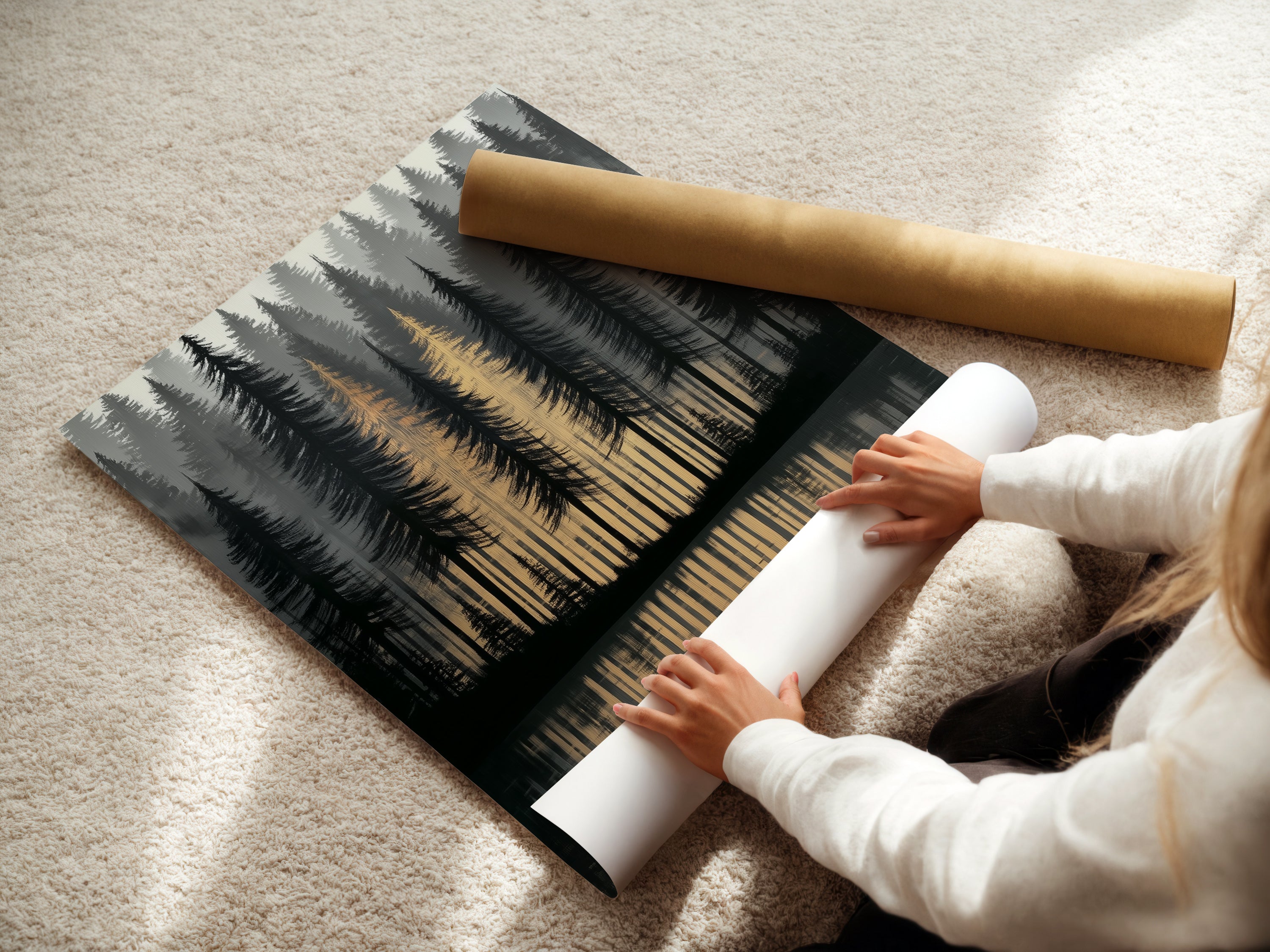 A woman is carefully rolling a fine art poster paper showcasing its quality. This forest lake artwork captures a golden hour reflection scene. The landscape print is perfect for nature lovers. It's a peaceful artwork choice for creating tranquil decor in your home or office.