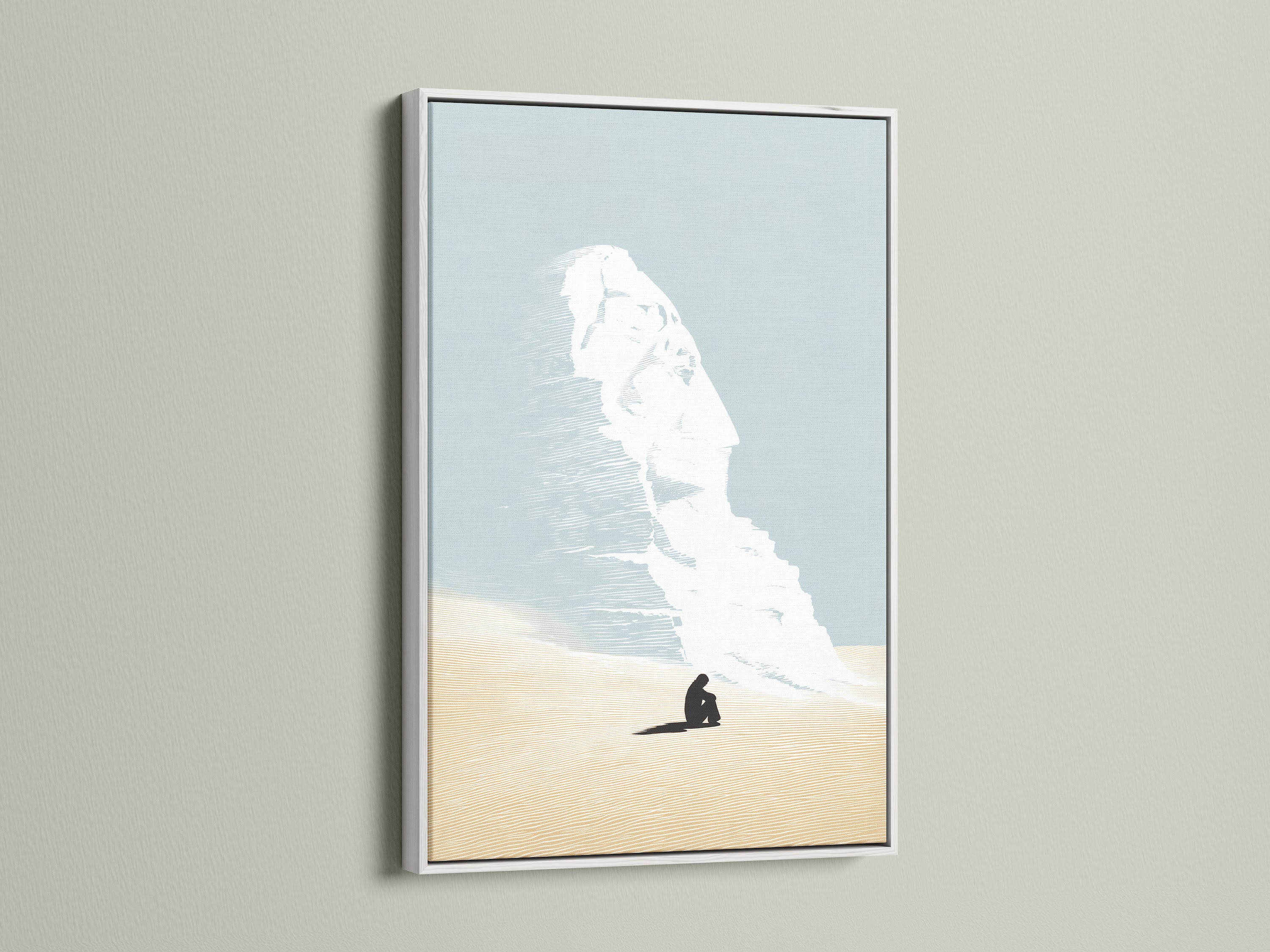 See the Desert Dream canvas in a white frame. The white frame offers a clean modern look. It highlights the simple artwork. Ideal for minimalist art enthusiasts. Elevate your bedroom art with this frame choice.