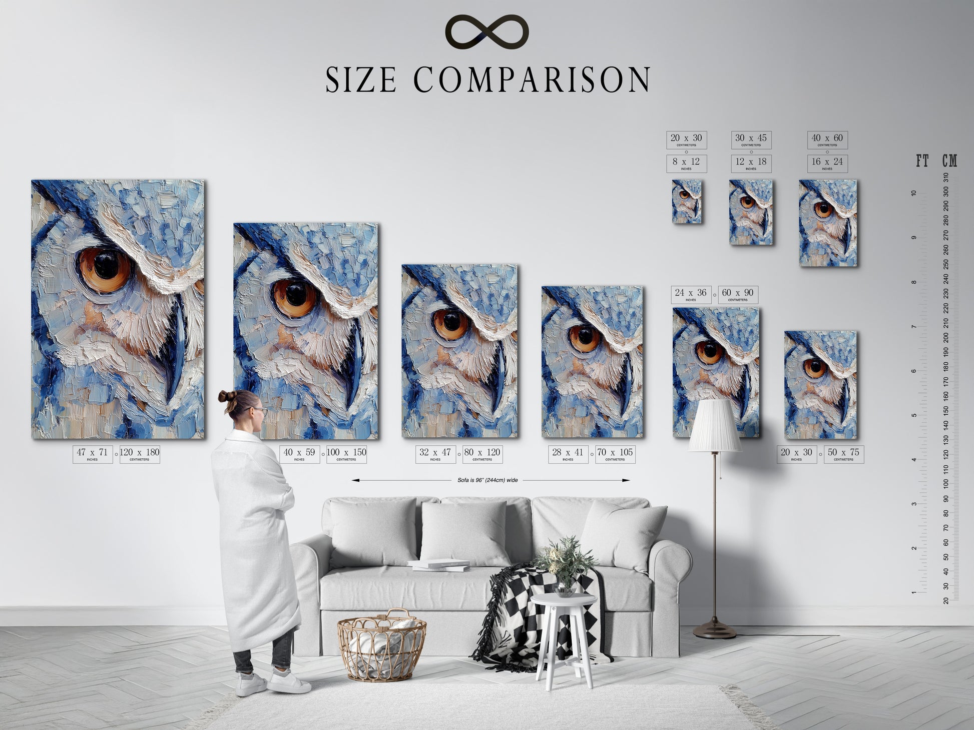 Size comparison chart displayed in an interior setting. The chart helps visualize artwork dimensions. It provides a sense of scale within a room. This allows customers to choose the perfect size for their space. The image offers practical guidance for art selection.