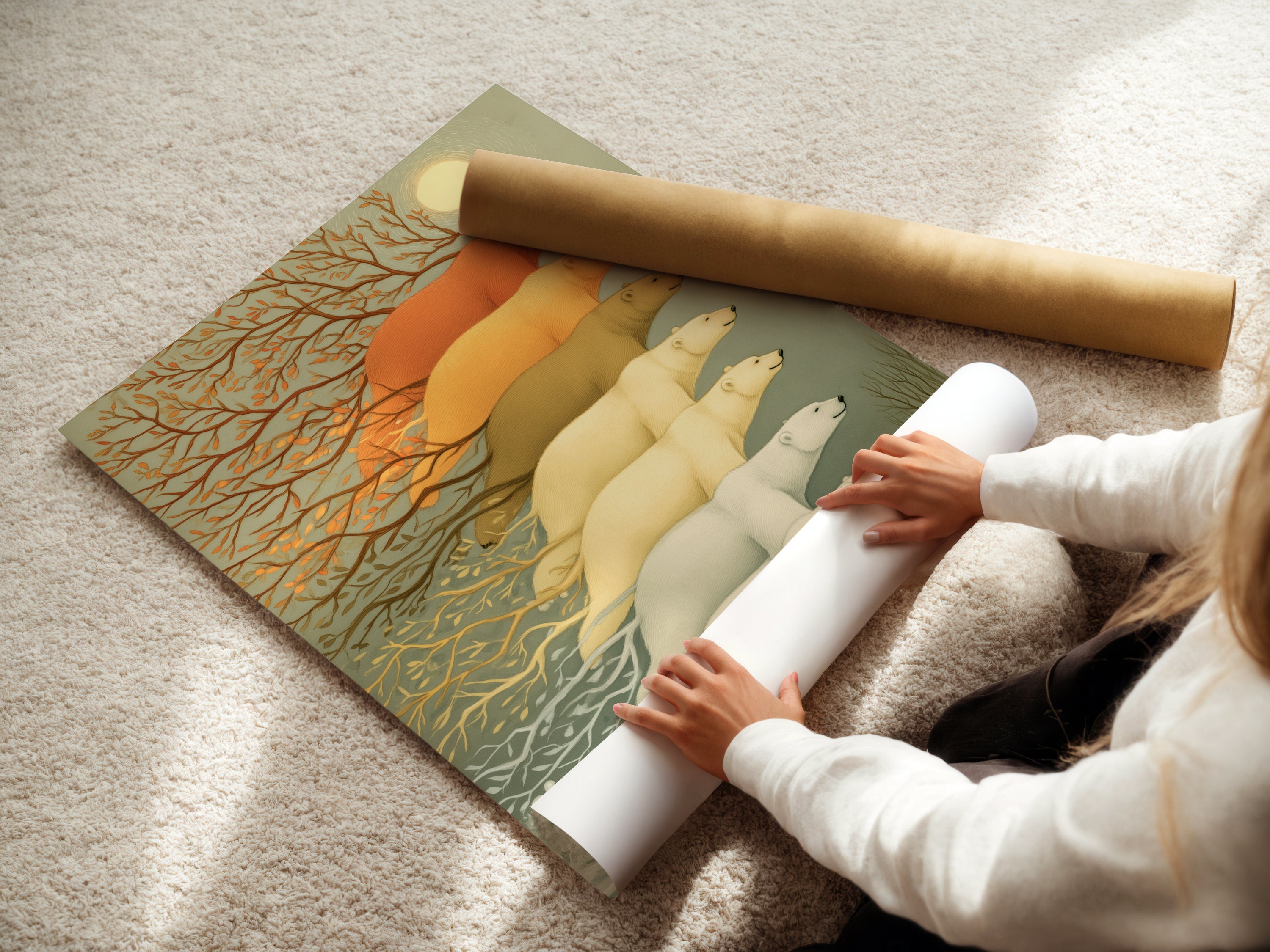 A woman is carefully rolling a fine art poster paper featuring polar bear artwork. This arctic wildlife is perfect for a nursery or study room. The beige and gray tones complement contemporary styles. Great wall decor for childcare providers and children's hospitals.