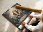A woman carefully rolling a fine art poster paper of the Ganesha artwork. This Hindu deity print is a spiritual canvas. The Elephant God art is perfect for home decor. The Lotus art print looks stunning.