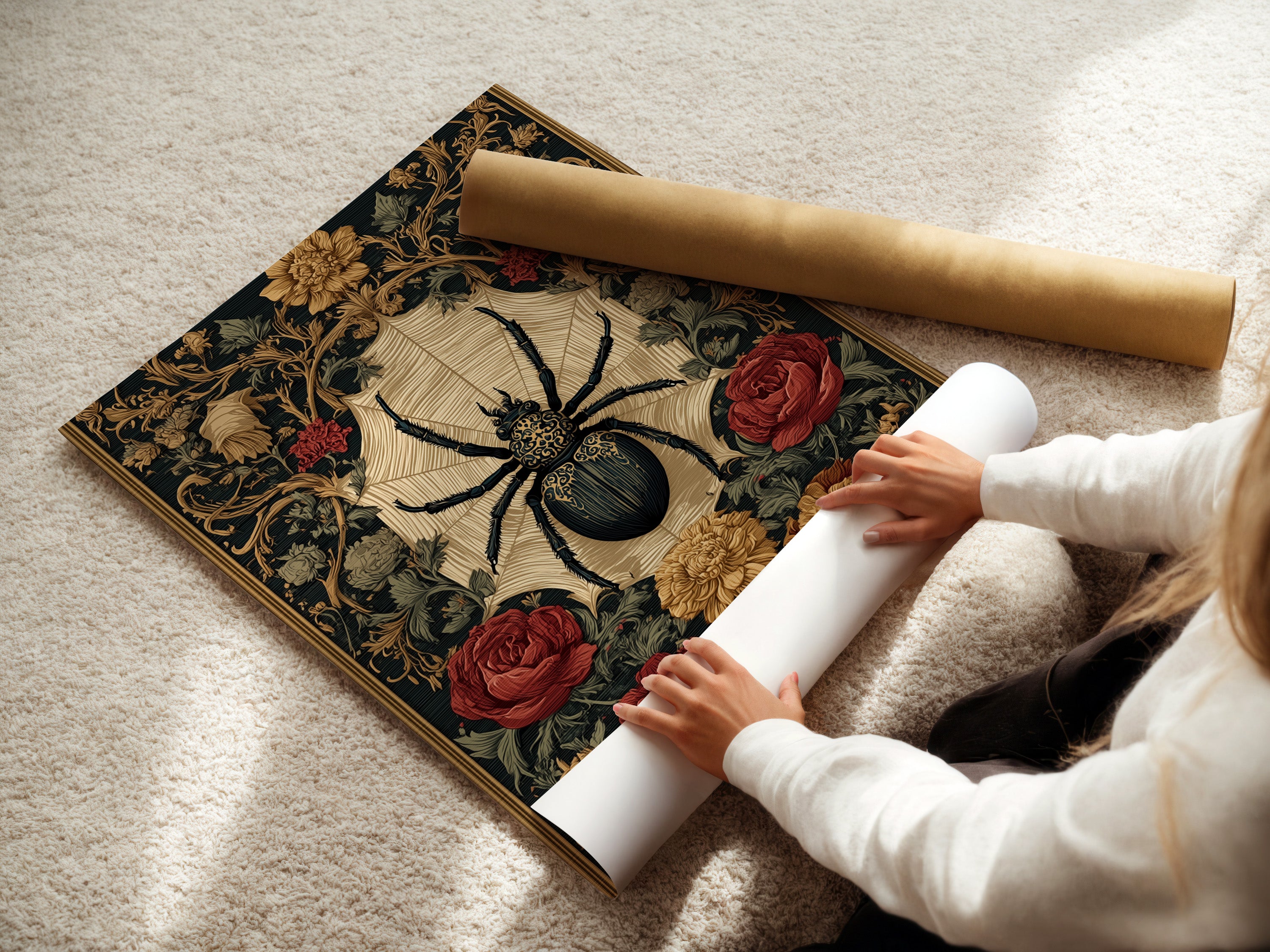 A woman is carefully rolling a fine art poster paper print. The poster paper ensures high-quality reproduction. This method protects the artwork during handling. Preparing the print for framing or display. Ensuring it arrives in perfect condition.