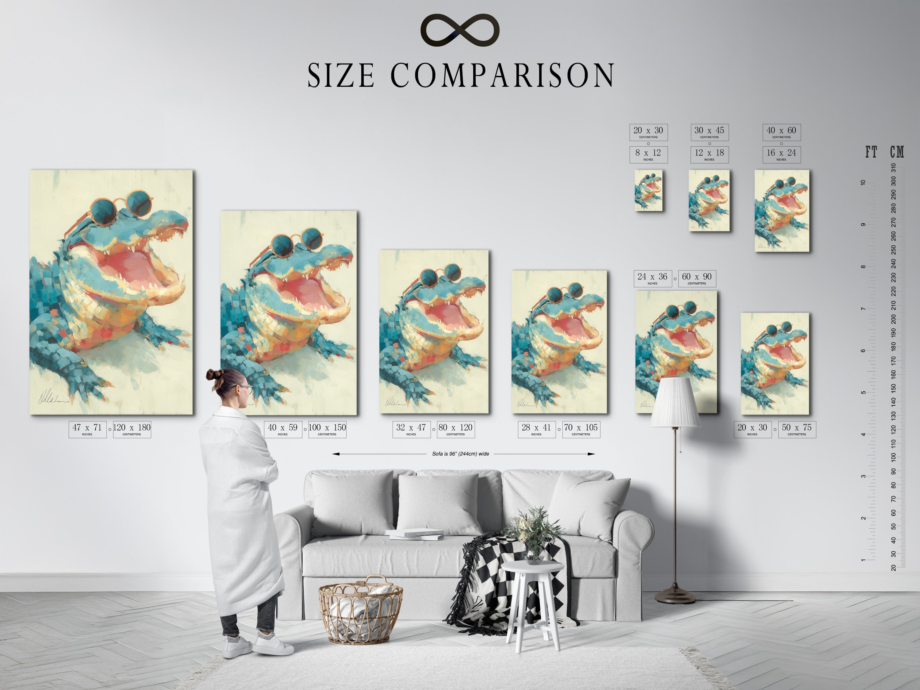 Understand the size options with this comparison chart in an interior setting. Visualize how different sizes fit your space. Choose the perfect dimensions for your artwork. See art in a room setting. Make informed decisions about art size.