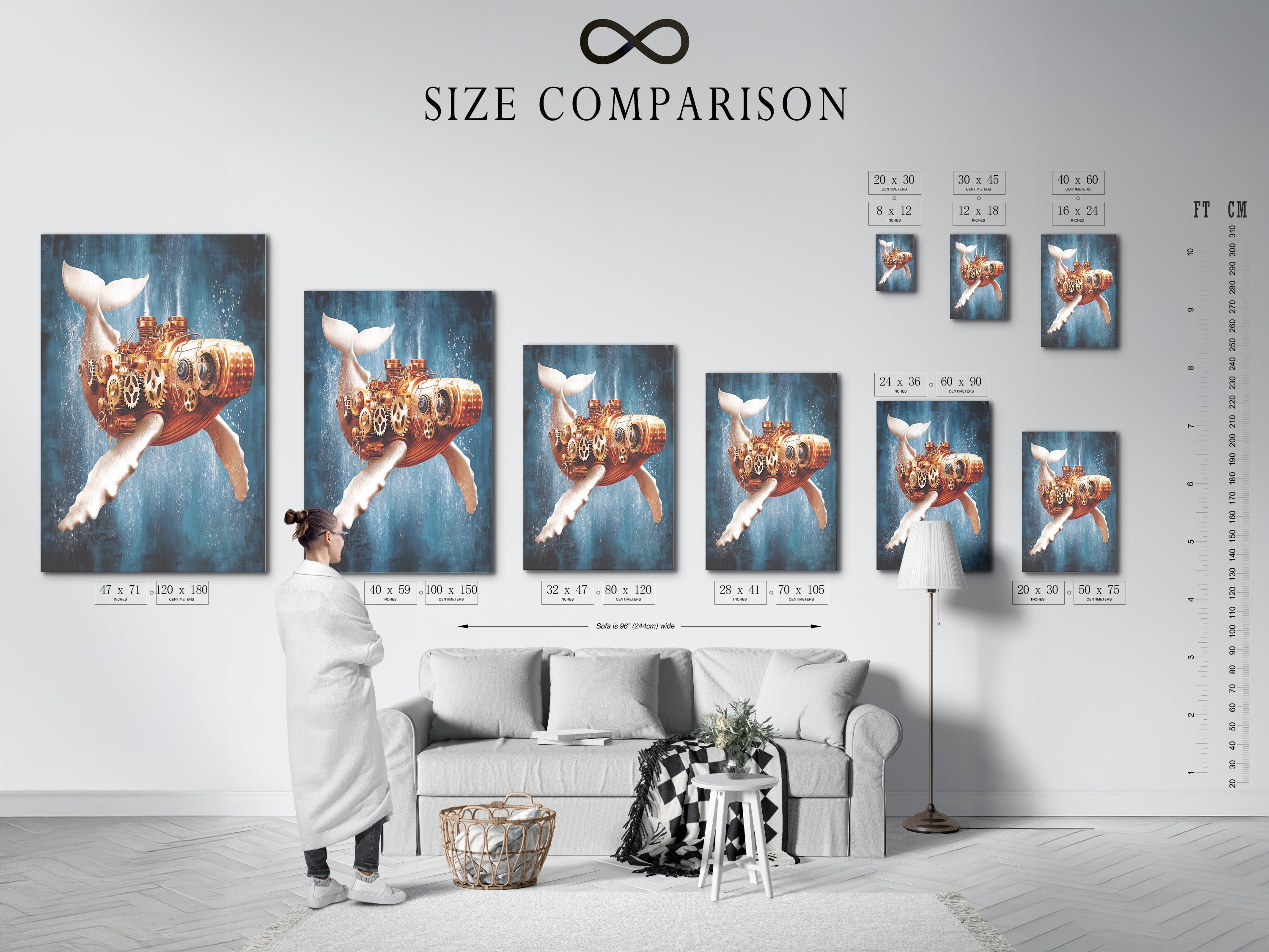 Size comparison chart in an interior setting. Featuring the Steampunk Whale artwork this chart helps you visualize the different sizes available for stretched canvas prints fine art poster paper and floating frames. Find the perfect size for your space.