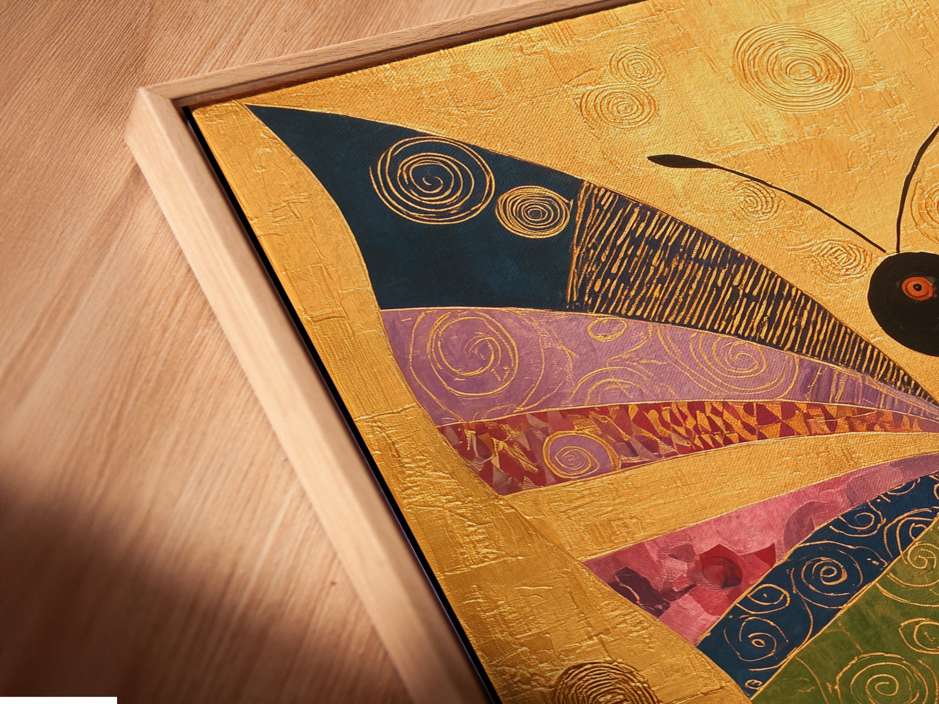 This is a close-up angled view of a canvas print. It is displayed in a floating frame. The floating frame gives a modern gallery look. It highlights the artwork's texture and depth.