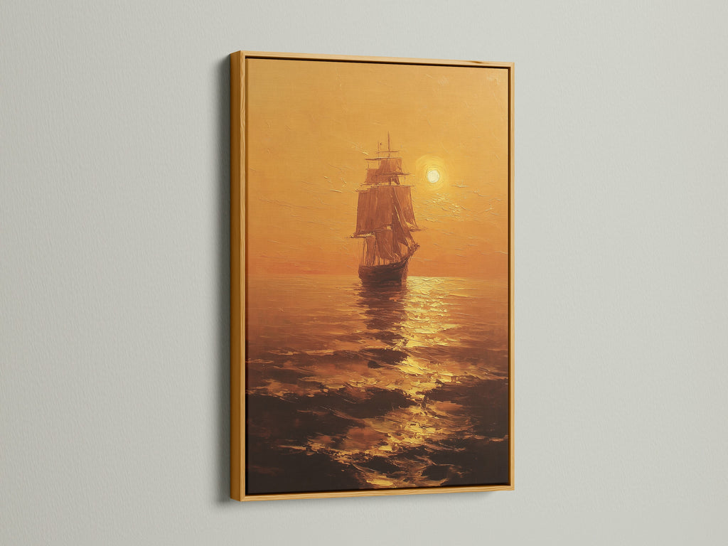 A gold frame showcases an opulent seascape artwork. The artwork portrays a ship sailing towards the sun. The piece exudes luxury and sophistication. The gold frame enhances the artwork's elegance. It adds a touch of glamour to any space. Perfect for creating a focal point.