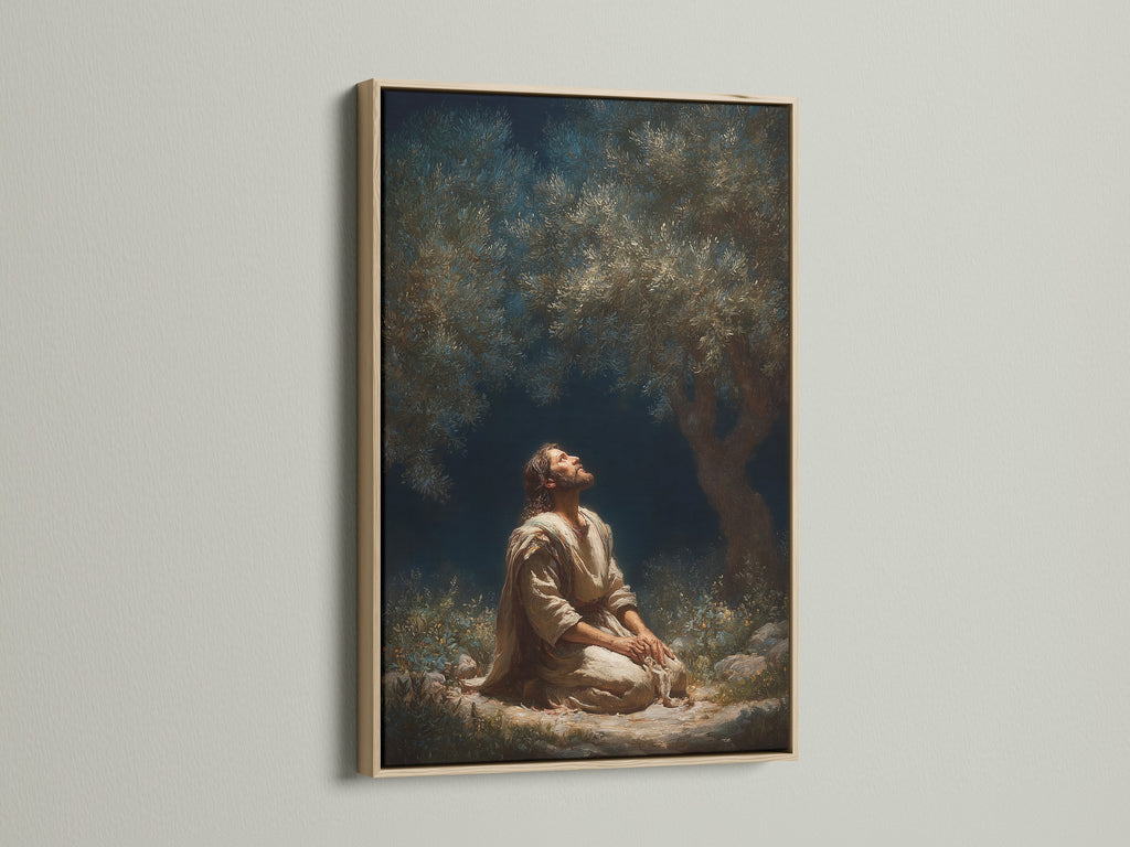 The artwork features a serene religious scene. It is beautifully framed in oak. The oak frame enhances the artwork. It brings warmth and sophistication. Elevate your space with this timeless piece. The frame is made of real oak wood.