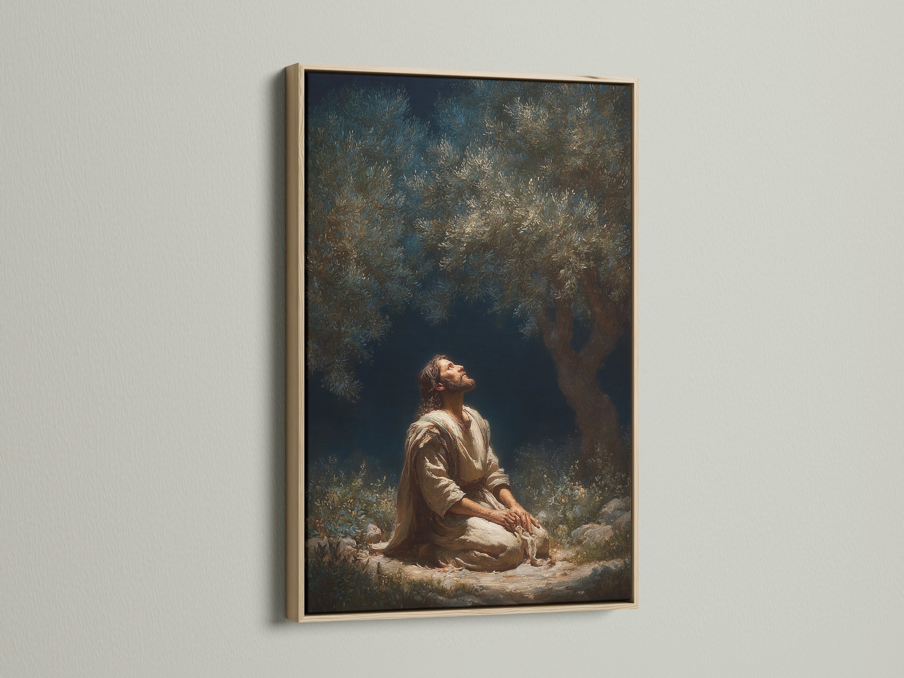 The artwork features a serene religious scene. It is beautifully framed in oak. The oak frame enhances the artwork. It brings warmth and sophistication. Elevate your space with this timeless piece. The frame is made of real oak wood.