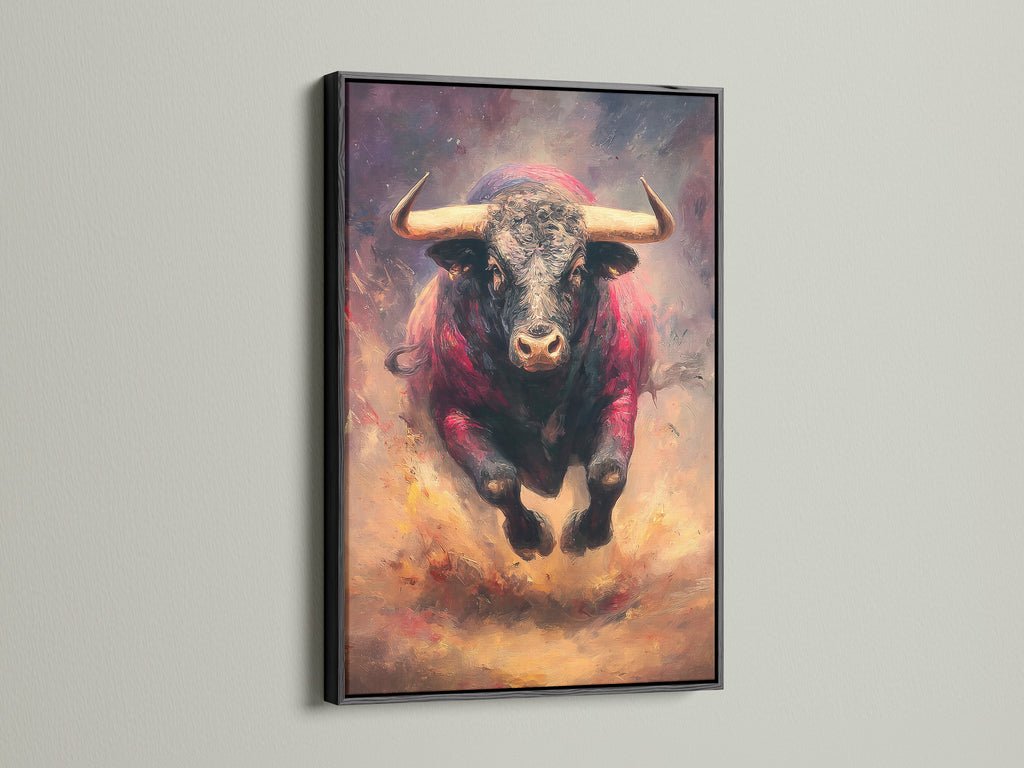 A bold bull artwork is encased in a black frame. The artwork makes a statement in any setting. The black frame adds a touch of sophistication. See how framed art can enhance your home decor today.