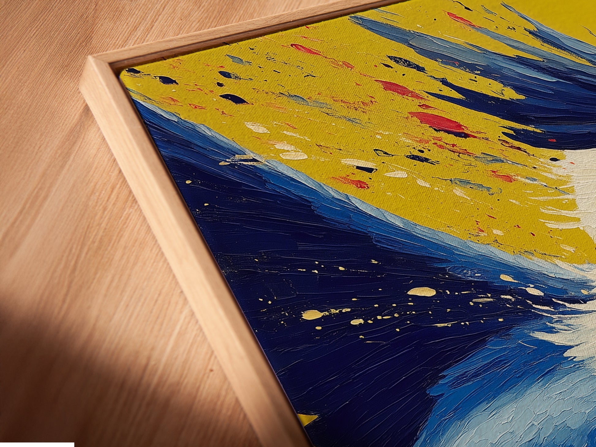 A close-up angled view of the Hornbill canvas print is in a floating frame. The artwork highlights the fine details. It brings exotic wildlife into your home. The floating frame adds a touch of sophistication to the colorful wall art.