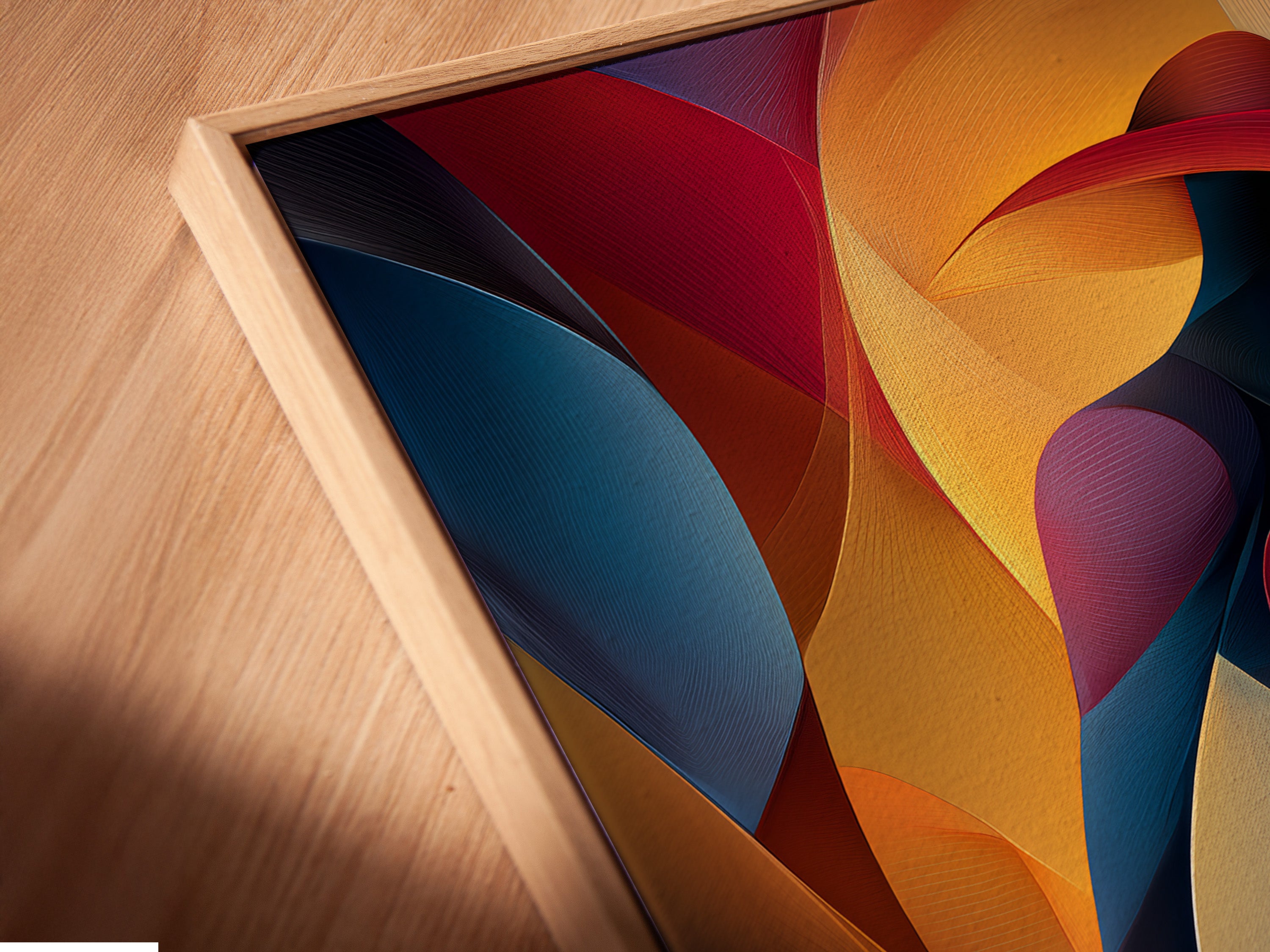 A close-up angled view shows a canvas print in a floating frame. The frame enhances the artwork. The artwork features a woman in a red hat holding a red apple. The floating frame gives a modern gallery feel.